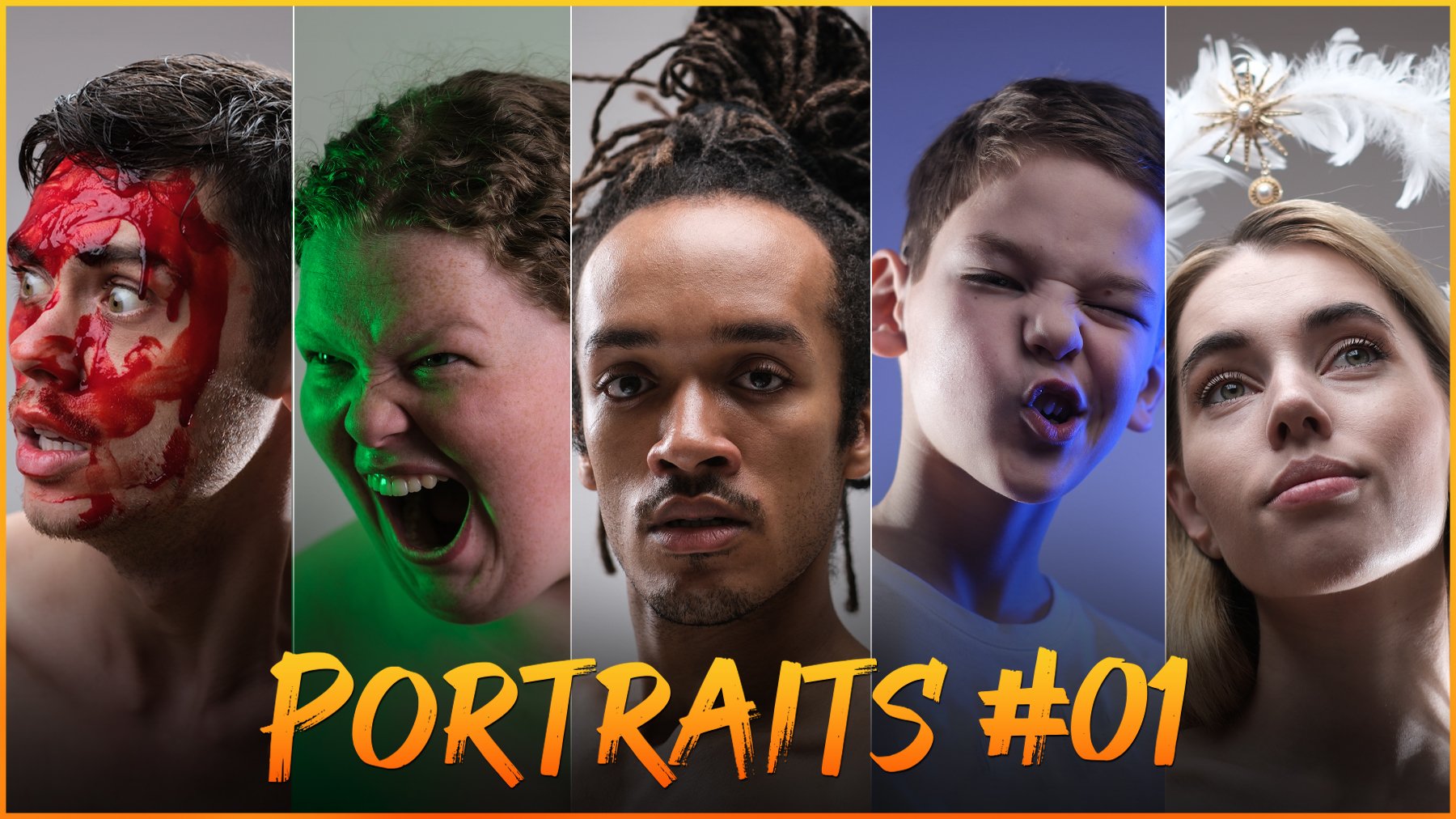 the image is a collage of five individual portraits, each showcasing a different person and a distinct emotional expression.  the portraits are arranged vertically in a gridlike formation.  the lighting and color grading vary across each portrait.  portrait 1: a man with fake blood on his forehead, appearing injured and shocked. portrait 2: an angry, yelling woman, lit in green. portrait 3: a serious, contemplative man of color, with a neutral expression. portrait 4: a boy making a funny face, lit in blue. portrait 5: a serene woman with a calm, thoughtful expression, with what looks like a small feathered halo or crown above her head.the overall composition is striking due to the diverse range of emotions and the use of color in each portrait.  the text "portraits #01" overlays the image, indicating it's the first in a series.