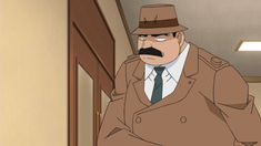 an image of a man with a mustache and fedora, wearing a trench coat. the setting appears to be indoors with indoor lighting. the man is facing to the left.