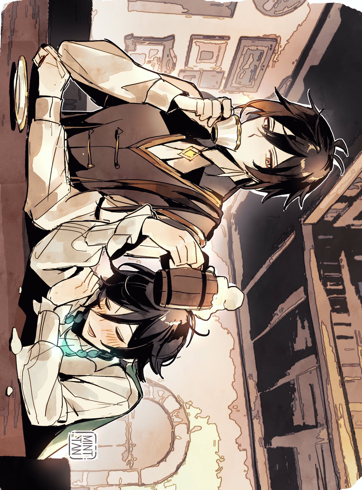 the image is a digital illustration in an anime style. it depicts a couple, likely romantically involved, sitting at a table in a pub or tavern. the male character is sitting on a chair and leaning over to the woman, who is sitting on the table. the woman has her head resting in the man's arms, and both of them are smiling. the man is holding a glass of beer, and the woman has a mug of beer in her hand. the background is a blurred depiction of the interior of the pub, with tables, chairs, windows, and a bar. the overall tone of the image is playful and lighthearted, and it suggests a sense of intimacy and affection between the couple.