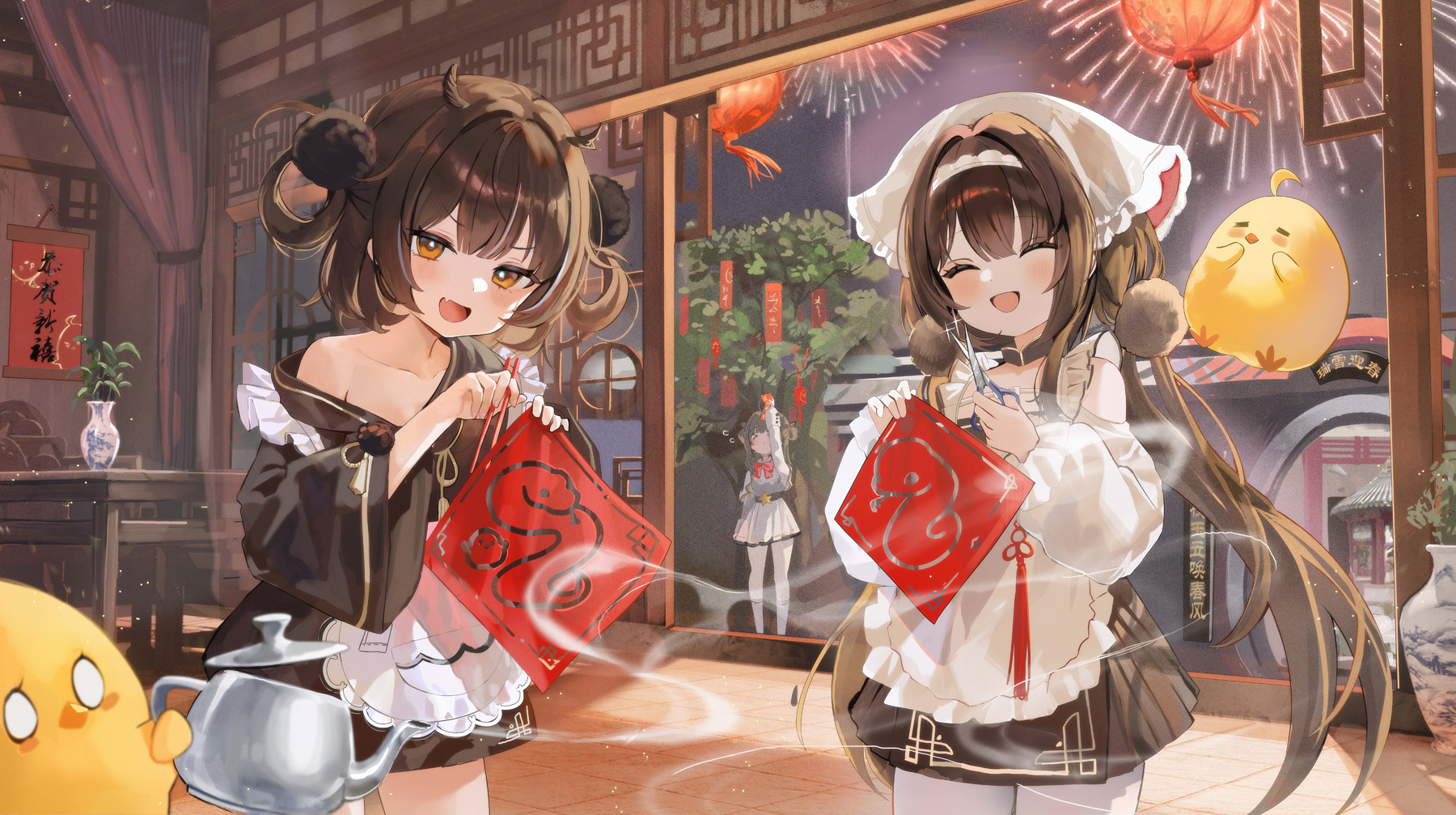 an animestyle illustration depicting two young women in maid costumes, likely celebrating chinese new year. they hold red paper cuttings with chinese characters, possibly related to the new year. the background shows a traditional chinese courtyard with red lanterns hanging and fireworks in the sky. one anime girl is holding scissors. there are cartoon chickens in the illustration, adding to the festive atmosphere. one of the chickens is next to a tea pot. a third girl is shown in the background.