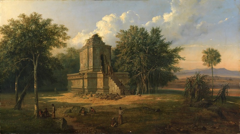 the image is a painting depicting a landscape with a temple or ancient structure in ruins. the structure is made of stone and has an ornate, tiered design with steps leading up. the ruins are surrounded by lush vegetation, including large trees, bushes, and tall grasses. several people or figures are visible around the temple and in the surrounding landscape, some sitting or standing near the base of the structure, others in the distance. the sky is filled with clouds and the sunlight casts shadows across the scene. in the background, there are hills or mountains. the painting captures a sense of history, serenity, and the interplay between nature and human creation.