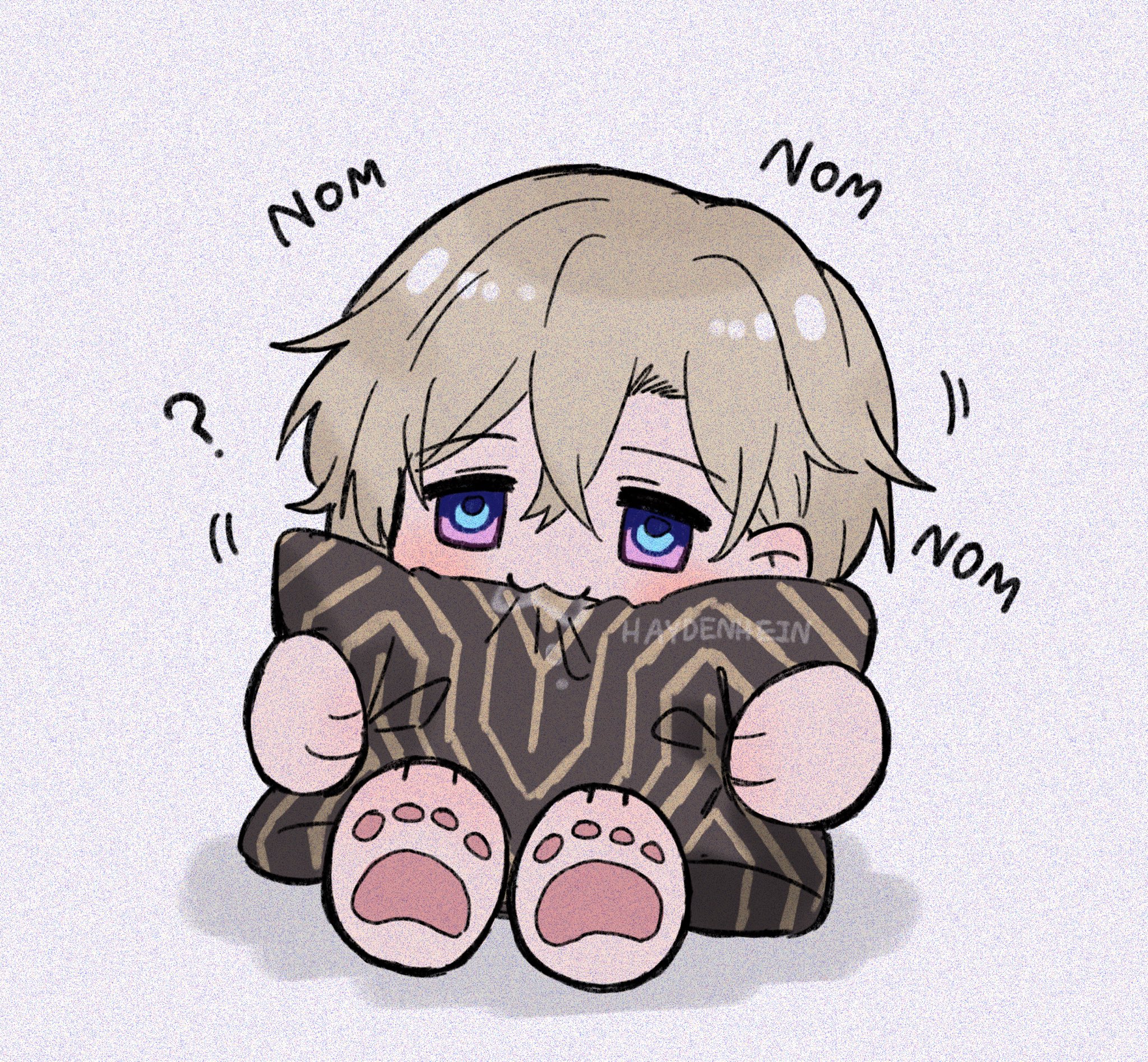 this is a drawing of a cute anime chibi boy with blonde hair eating a pillow. he is drawn in a kawaii style and has a big smile on his face. the pillow is decorated with paw prints. the drawing is set against a plain white background with the word "nom" written around the boy.