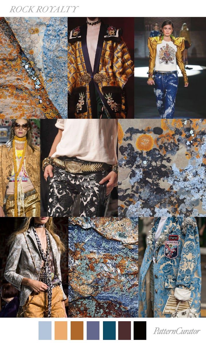 this is a mood board showcasing fashion inspiration for a "rock royalty" theme. it includes a variety of runway looks, textures, and color palettes. there are images of models wearing gold jackets, embroidered coats, denim jeans, and paisley print tops. the mood board also incorporates different patterns and textures, such as floral embroidery, paisley print, and grunge inspired details. the color palette is rich and vibrant, with hues of blue, gold, black, brown, and rust. the overall feel of the mood board is edgy, luxurious, and bohemian.