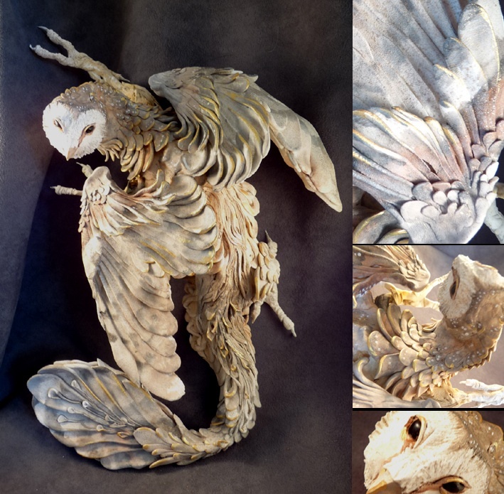 the image shows a detailed sculpture of an owllike creature with a serpentine tail and feathery body. it is a decorative piece, possibly made of wood, showcasing intricate carvings. the sculpture has a hybrid appearance, blending avian features with fantastical elements. the details of the feathers, wings, talons, and owl face are prominent.