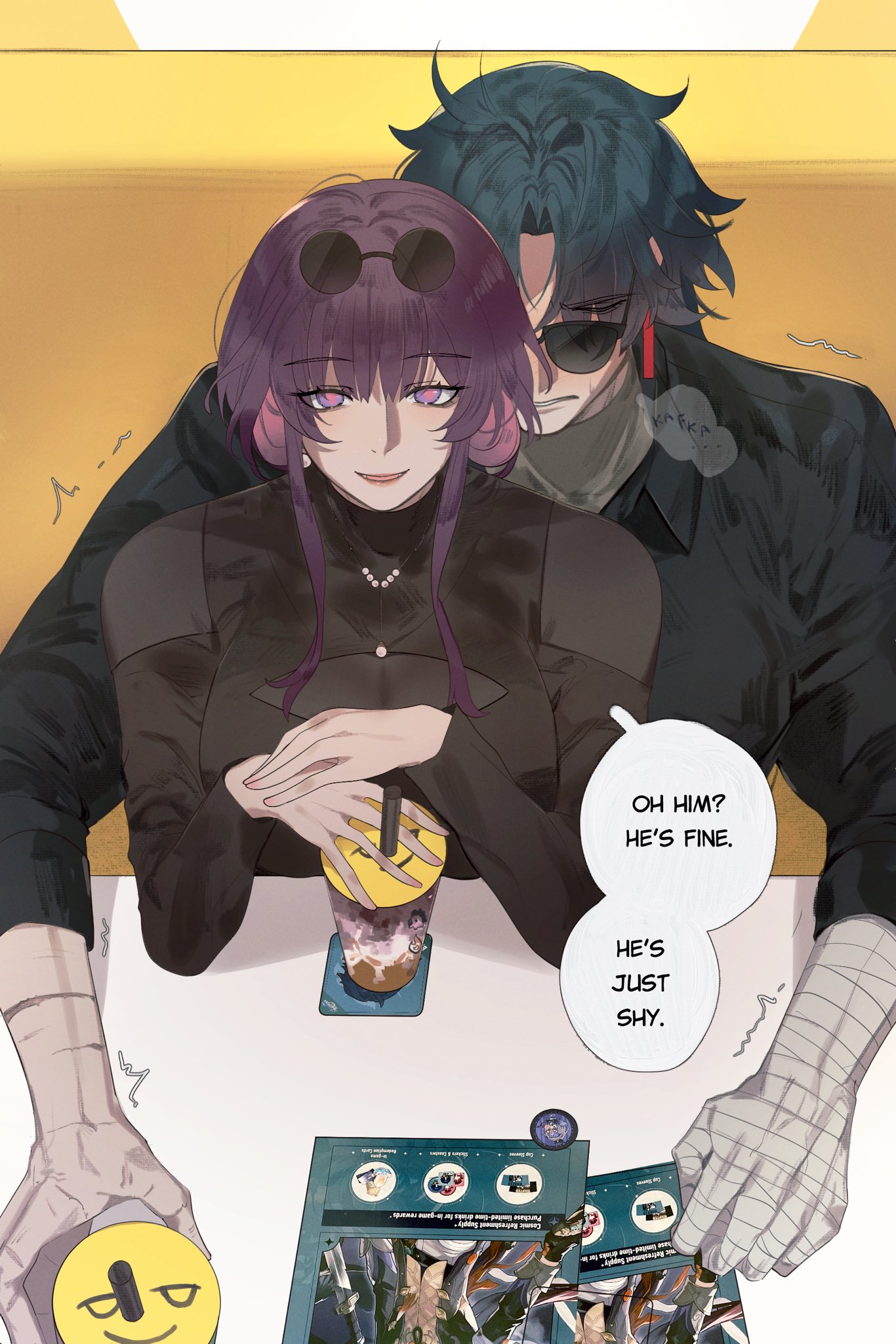 the image shows an anime couple on a date at a cafe. the girl is wearing a black dress with a purple jacket, while the boy is wearing a black jacket and a white undershirt. the girl is holding a boba tea with a smiley face and the boy is holding the girl's hand. there are speech bubbles with the text "oh him? he's fine. he's just shy." there are also cards in the bottom right corner, with a white background and blue writing. the image is a light and fluffy illustration of a happy couple on a date.