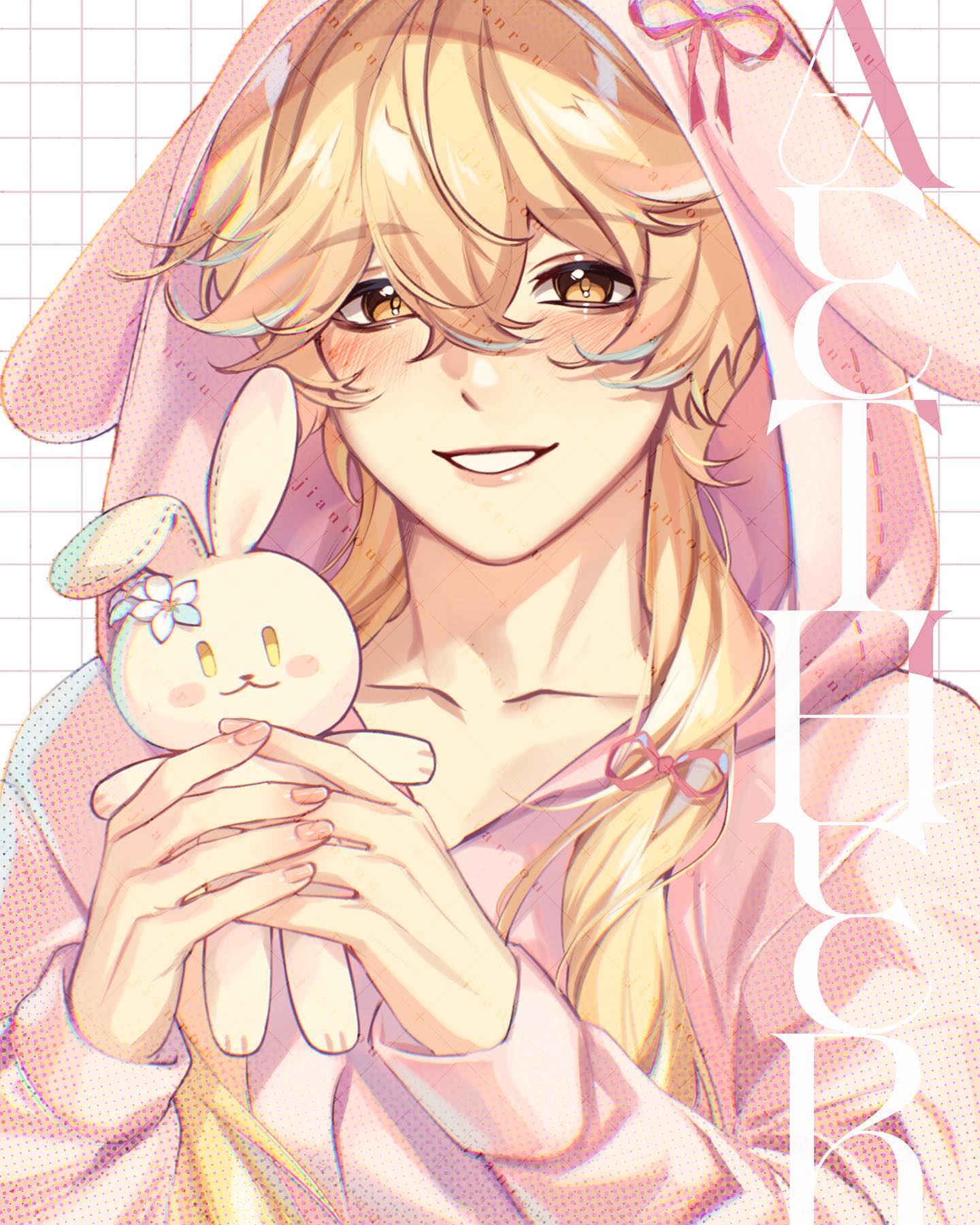 the image is a digital drawing or painting in an anime/manga style. it depicts a young man with long, blonde hair wearing a pastel pink hoodie with bunny ears.  he has a soft, gentle expression and is holding a small, white plush rabbit toy. the overall aesthetic is very cute and pasteltoned, with a soft, dreamy quality to the art style. the background is a subtle grid pattern.  there's also a stylized text element partially visible.