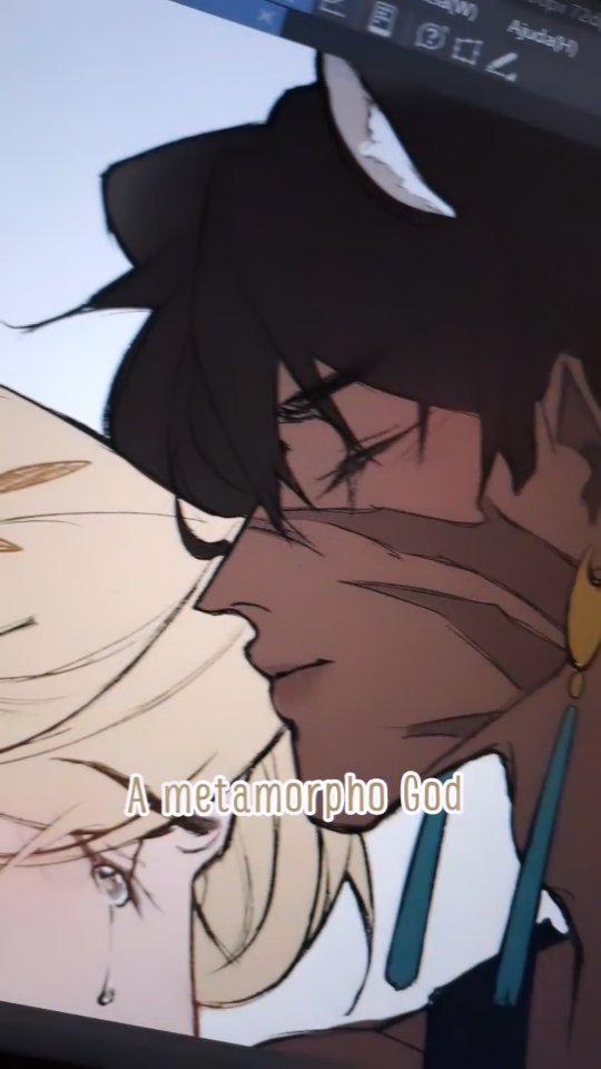 the image shows a digital drawing, possibly a work in progress (wip), featuring two characters in close proximity.  the style leans towards anime or manga with stylized features. one character has dark hair and brown skin, wearing what appears to be animalistic ears and a long, teal earring, and is described as a "metamorpho god" in the image. the other character has blonde hair and appears to be crying. the artwork shows shading and line art, with details on the characters' faces and hair. the background is barely visible and appears to be a digital art program's interface. the overall mood is somewhat melancholic due to the crying character and the close, intimate framing.