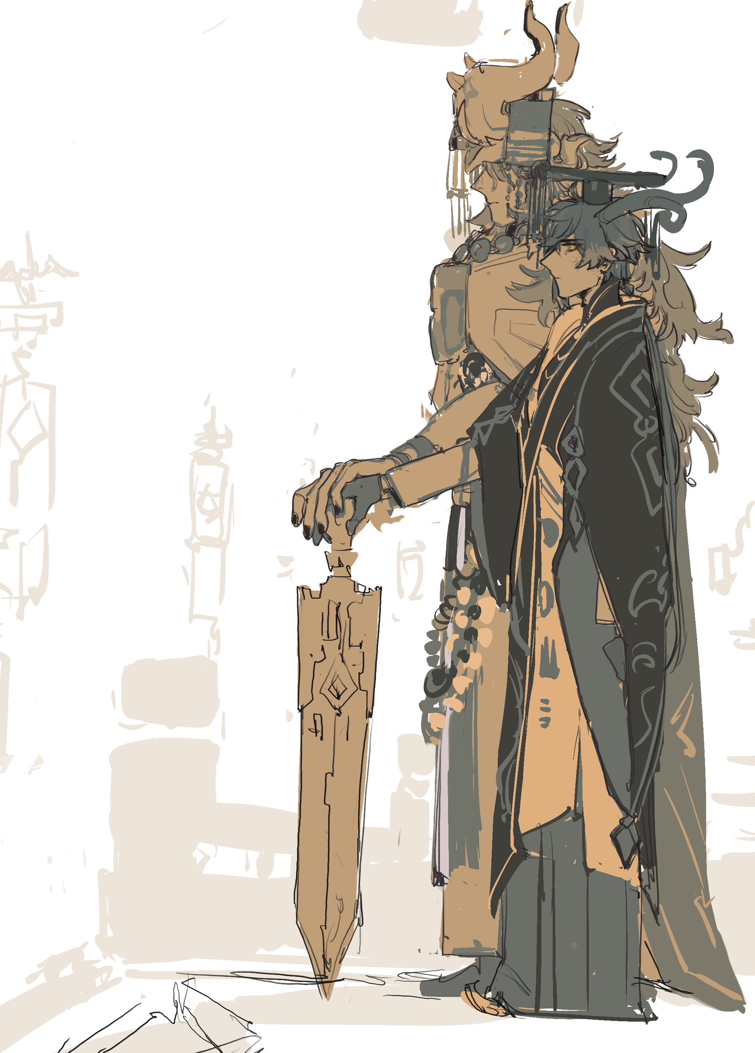 this digital art illustration portrays two anime characters, one standing behind the other, both facing right. the character in front holds a large sword in their right hand. they wear a long robe and cloak, with a distinctive headpiece adorned with horns and intricate designs.  their expression is intense and focused. the character in the background is partially obscured by the figure in front, but appears to be wearing armor and a similar headdress. the artwork features a detailed cityscape in the background, creating a sense of grandeur and setting a fantastical tone. the image suggests a narrative or story revolving around these characters, possibly involving battles, adventure, or cultural significance.