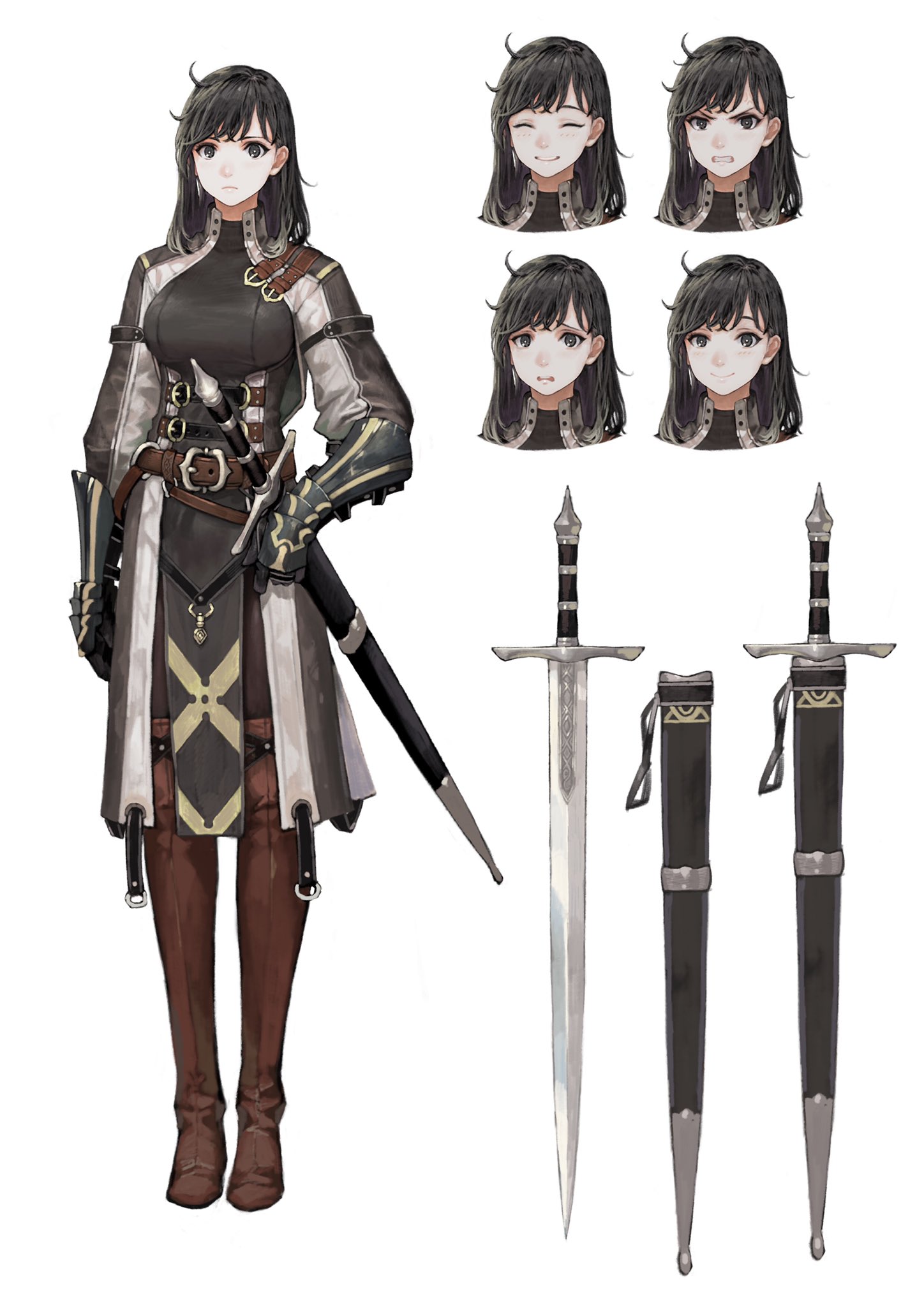 the image presents a digital illustration of a female knight character design. the illustration is on a plain white background and features the character in a fullbody front pose, along with closeup headshots showcasing a variety of facial expressions. the character is clad in detailed medievalstyle armor, a white surcoat with a cross design, and wields a sword. two additional views of the sword are provided.  the overall aesthetic leans towards a fantasy rpg style.