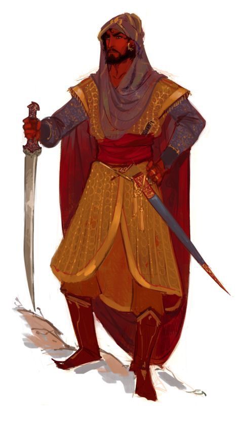 the image shows a male character concept, likely inspired by middle eastern fashion. he stands holding a long, curved sword in one hand and another sword tucked into his belt. he wears a long, flowing tunic in gold and red, accented with intricate embroidery. a deep red sash is tied around his waist, and a matching head covering drapes over his shoulders. his expression is serious, suggesting a warrior or noble background. the art style is painterly and evocative, focusing on gesture and color rather than fine detail.