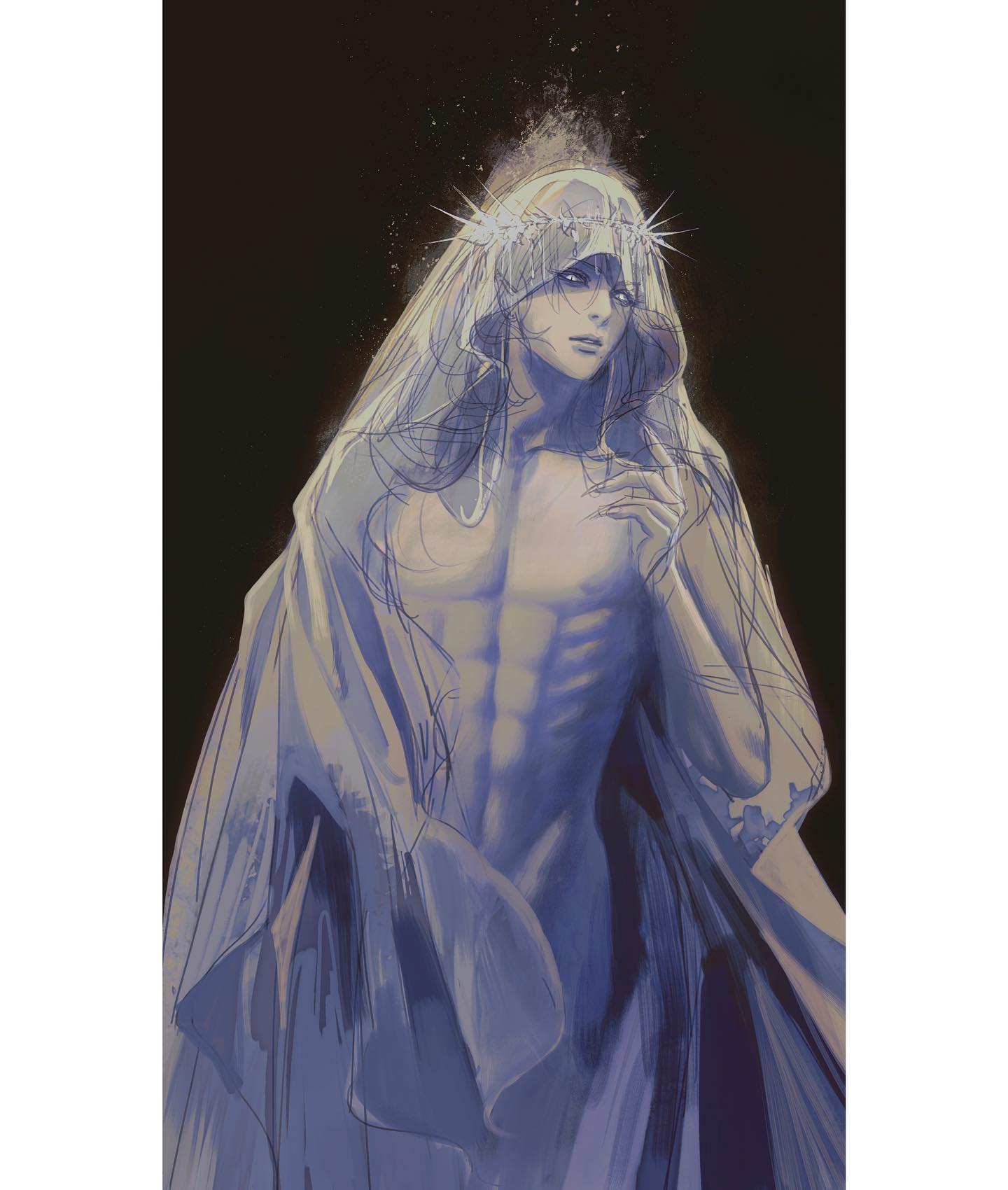 this is a digital art drawing of a handsome man in a white robe with a crown of thorns. he has a long black hair and a pale skin. he looks ethereal and divine. the background is a dark blue and grey color. the overall tone is dark and mysterious but also beautiful and ethereal. the artist uses a lot of detail in the clothing and the face of the character, making it seem very realistic. the art style is reminiscent of anime and manga. it is an illustration that is full of fantasy and magic.