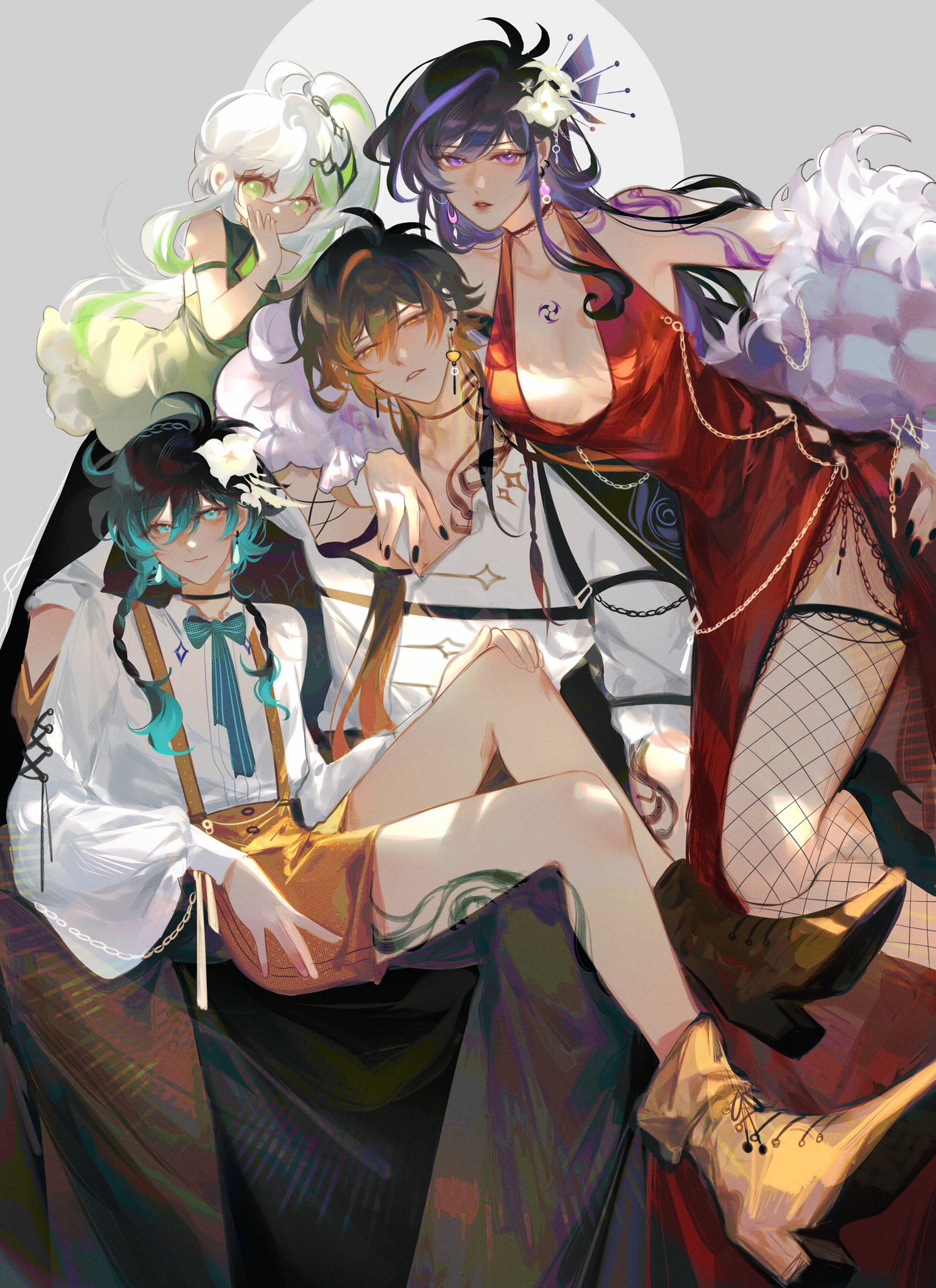 he image is a digital illustration featuring four animestyled female characters in various poses.  the style is elegant and detailed, with vibrant colors and intricate clothing designs.  one character is in a red dress, another in a white and gold outfit, a third in a yellow and orange outfit, and the fourth in a green and white dress.  the background is a muted grey, drawing focus to the brightly colored characters. the overall mood is sophisticated and fashionable.  the style strongly resembles character art from the video game genshin impact.