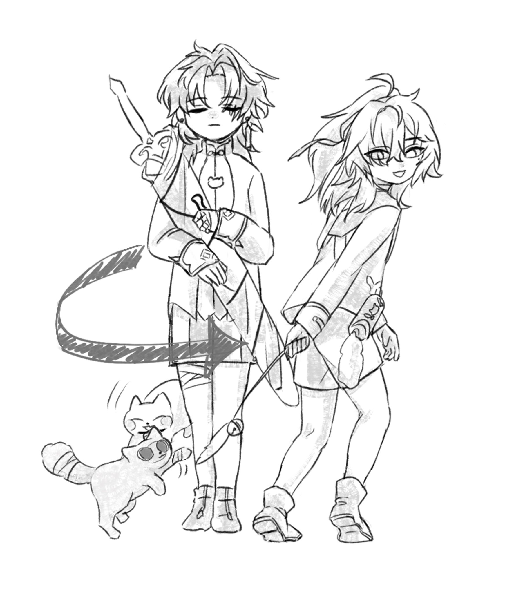 a sketch of two anime girls, one carrying a sword and the other with a cat on a leash. the art style is cute and simplistic.