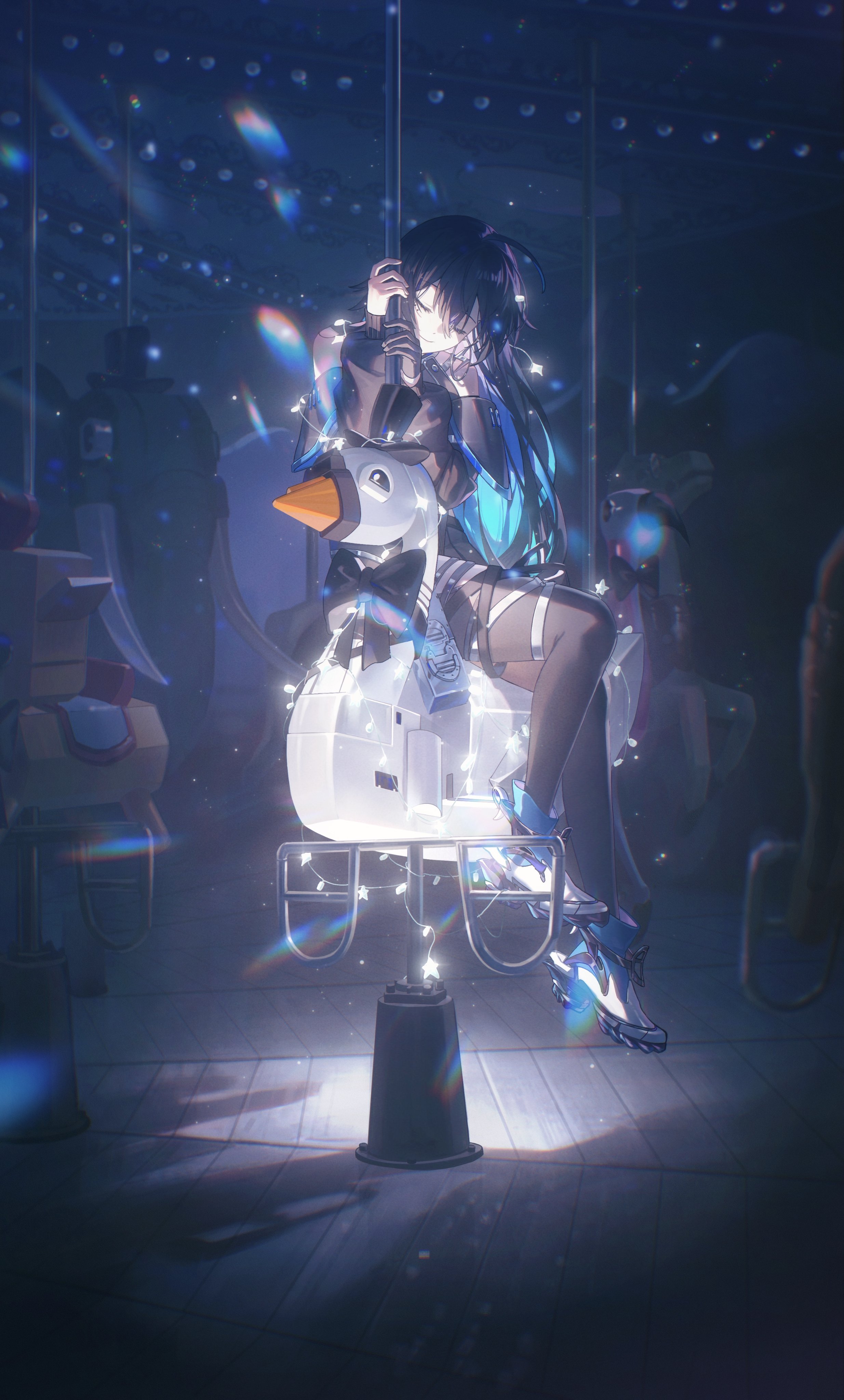 an anime style image shows a girl in a blue and black outfit sitting on an illuminated carousel goose. the girl has short black hair and is turned away from the viewer, with a hand resting on the pole of the carousel ride. the goose has a black bow tie and is decorated with lights. the carousel is indoor.