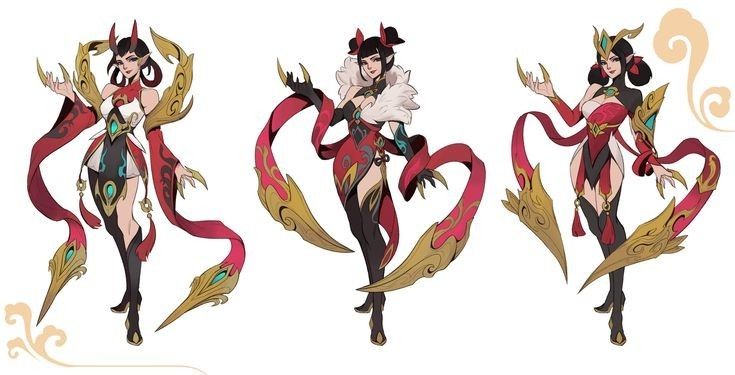 the image displays three variations of concept art for a league of legends spirit blossom riven skin. each version depicts riven in a different pose and with slight alterations in her attire, but all share a common theme of red and gold clothing and accessories inspired by chinese aesthetics.  the designs include features like demon horns, flowing robes, and ornate gold detailing. the art style is digitally rendered and features a painterly quality.