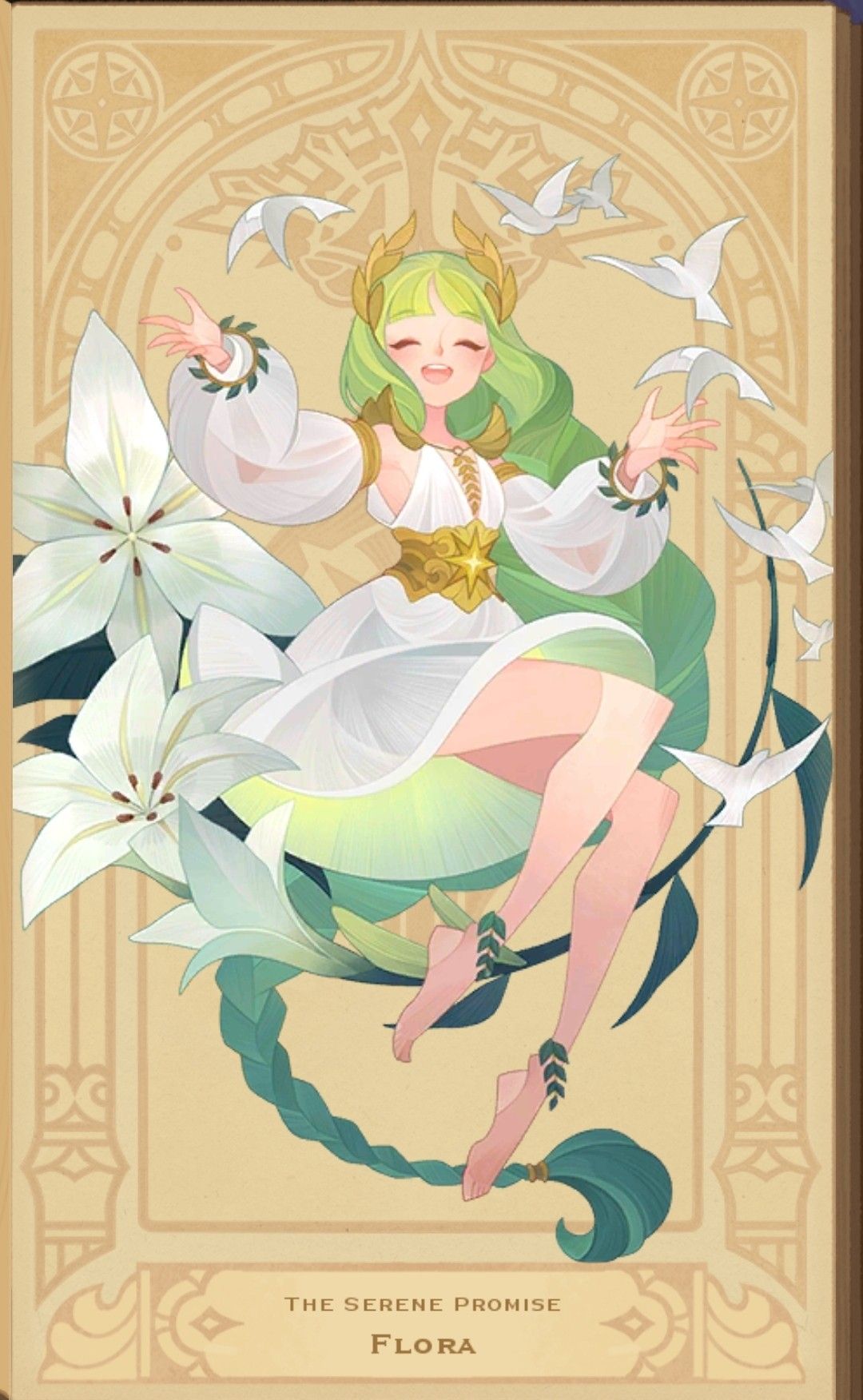 the illustration features a young woman with long green hair and pale skin, floating amidst white lilies and doves on a tan background with decorative borders. she wears a flowing white dress with gold accents, and a crown of gold leaves adorns her head. her arms are outstretched as if embracing the doves surrounding her. the overall feeling is one of serenity and peace.  the art style leans towards anime and manga influences.