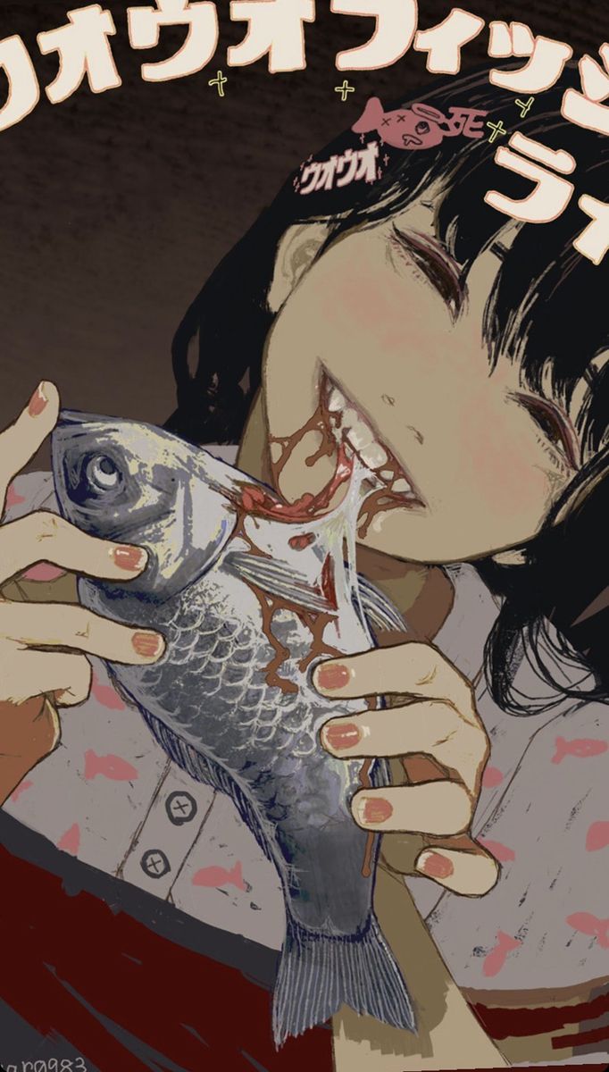 the image is a digital illustration of an animestyle girl with black hair. she's depicted eating a raw fish, with blood dripping from her mouth and the fish.  the style is dark, stylized, and somewhat unsettling, with elements of both cute and gruesome aesthetics.  japanese text is visible in the background, possibly titles or descriptions. the overall mood is intense and dramatic. the girl's expression and the act of eating the raw, bloody fish combine to create a disturbing yet visually compelling image.