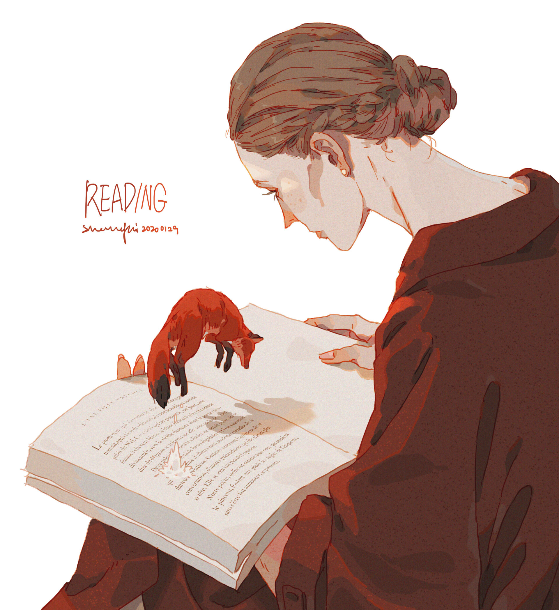 a woman with brown hair pulled back in a bun is sitting and reading a book.  a red fox is sitting on the book and looking at the woman. the image is in a soft, pastel style and the woman is wearing a red top. the woman's eyes are closed and the background is white.