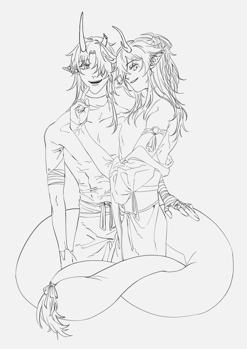 this is a line drawing of an anime couple. the male character is a demon with horns and a snake tail. the female character has long hair and an elegant outfit. they are hugging, and both look happy. the drawing is done in black and white and has a detailed style.