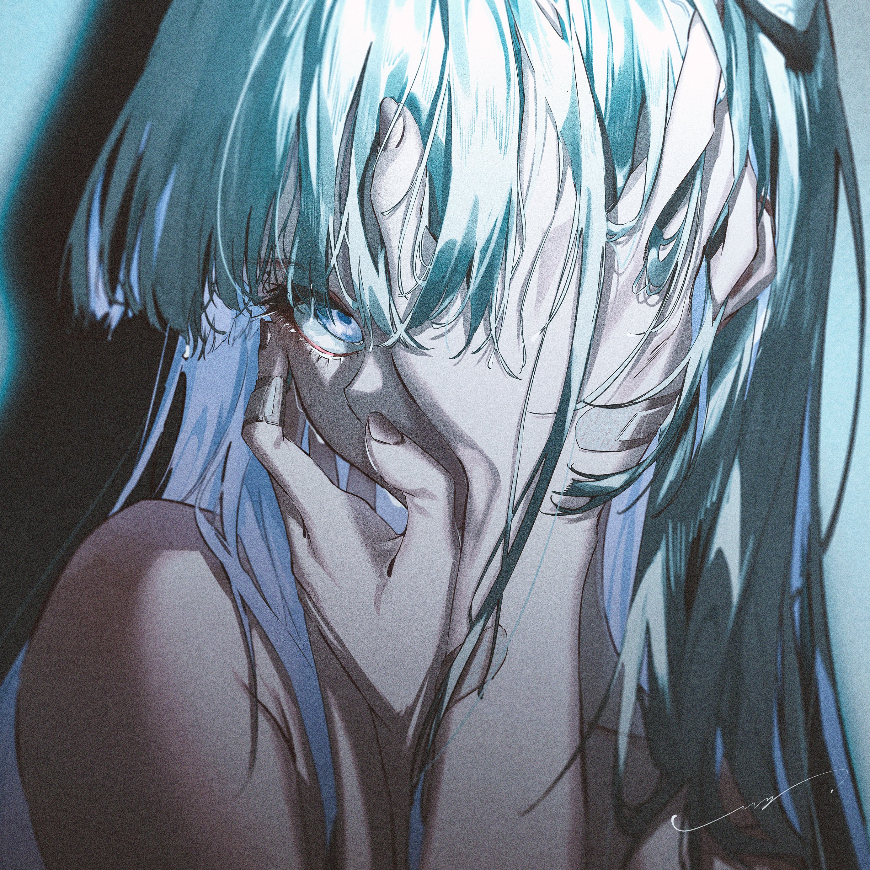 a close up portrait of an anime girl with long blue and green hair, with her hand covering most of her face, looking sad. the art style is digital and has a painterly feel.