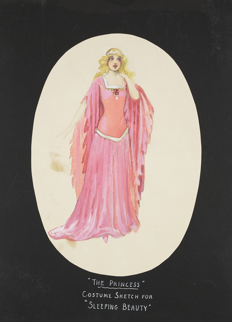 the image is a vintage costume sketch for the character "the princess" in the play "sleeping beauty." the sketch depicts a woman with blonde hair wearing a pink dress with long, flowing sleeves. the dress has a white trim at the waist and neckline, and a red jewel at the neckline. the woman is standing in a pose, with her hand raised to her neck. the sketch is presented within an oval shape on a black background.