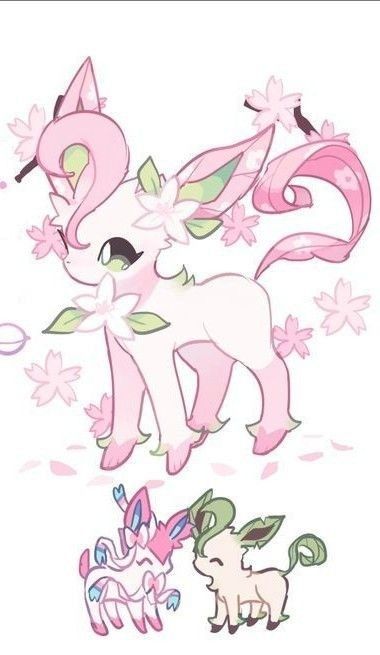 a cartoon image of three pokemon, sylveon, espeon, and gardevoir, standing in front of cherry blossoms. sylveon is pink and has a large ribbon. espeon is purple and has a long tail. gardevoir is pink and has a long skirt. all three pokemon are smiling and looking at the viewer. they are surrounded by a light pink background and cherry blossoms.  the image is drawn in a cute and kawaii style, with rounded edges and bright colors.