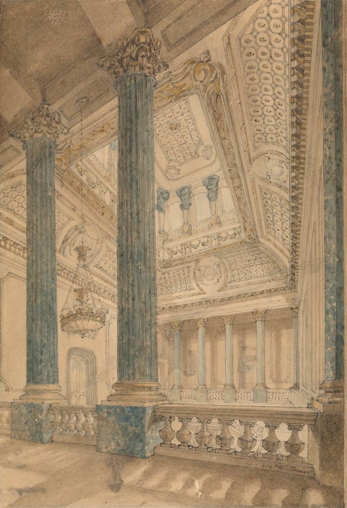 the image depicts an ornate interior space, likely a grand hall or ballroom, rendered in a watercolor style. tall, fluted columns dominate the foreground, leading the eye upward to an elaborately decorated ceiling. a balustrade separates the foreground from a slightly elevated platform featuring smaller columns and decorative elements. a chandelier hangs from the ceiling, and the overall impression is one of grandeur and detailed ornamentation. the color palette is muted, with a focus on beige, light blue, and brown tones.