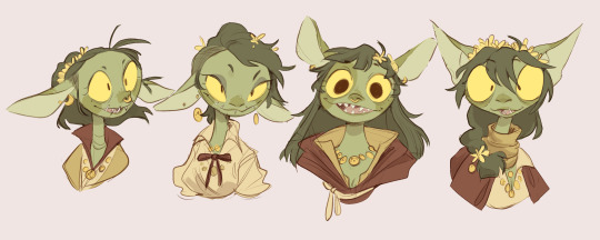 the image shows four different headshots of the same goblin girl with variations in hairstyle, clothing, and accessories. she is greenskinned with big yellow eyes and pointed ears. her outfit consists of a white blouse and different colored vests. she wears jewelry and yellow flowers in her hair. the background is plain beige.