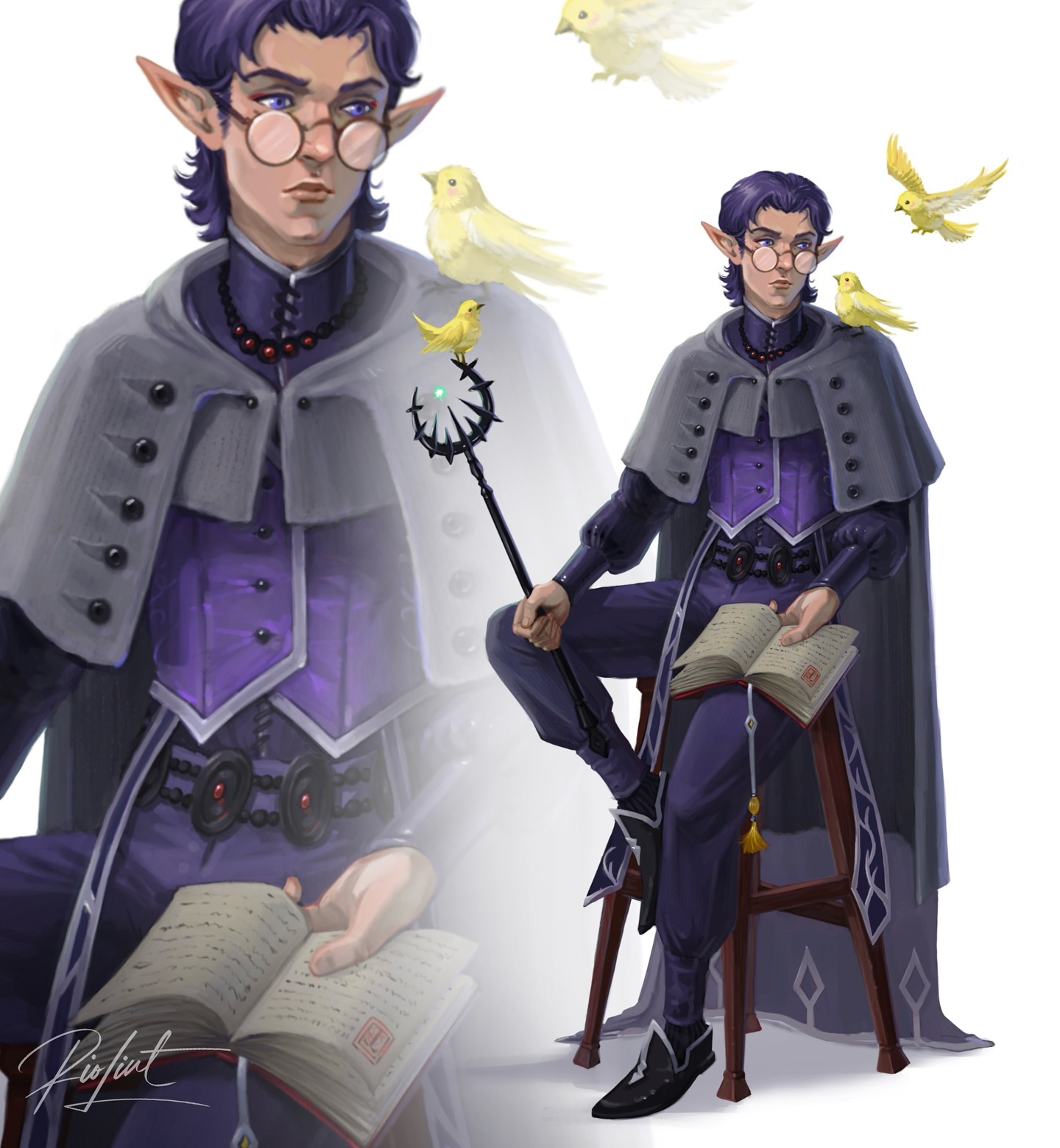 the image is a digital painting of a male elf wizard. he's depicted twice, once in a closer, more detailed shot from the waist up and once in a full body shot seated on a small stool. he has purple hair, pointed ears, glasses, and wears a purple and grey robe with an ornate design.  he holds a book and a staff, surrounded by small yellow birds. the style is high fantasy with attention to details in clothing and setting. the overall mood is serene and somewhat studious.