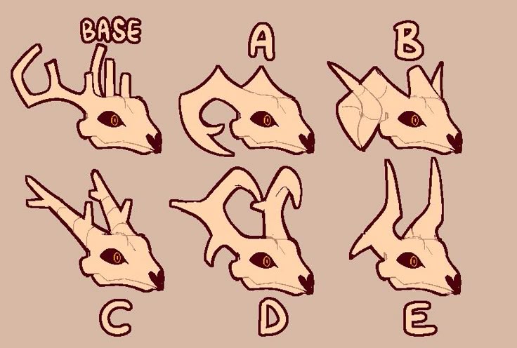 the image shows six stylized deer skulls with different antler or horn variations, labeled as "base", "a", "b", "c", "d", and "e". they are presented as outline sketches on a beige background, possibly for use as drawing templates or bases.