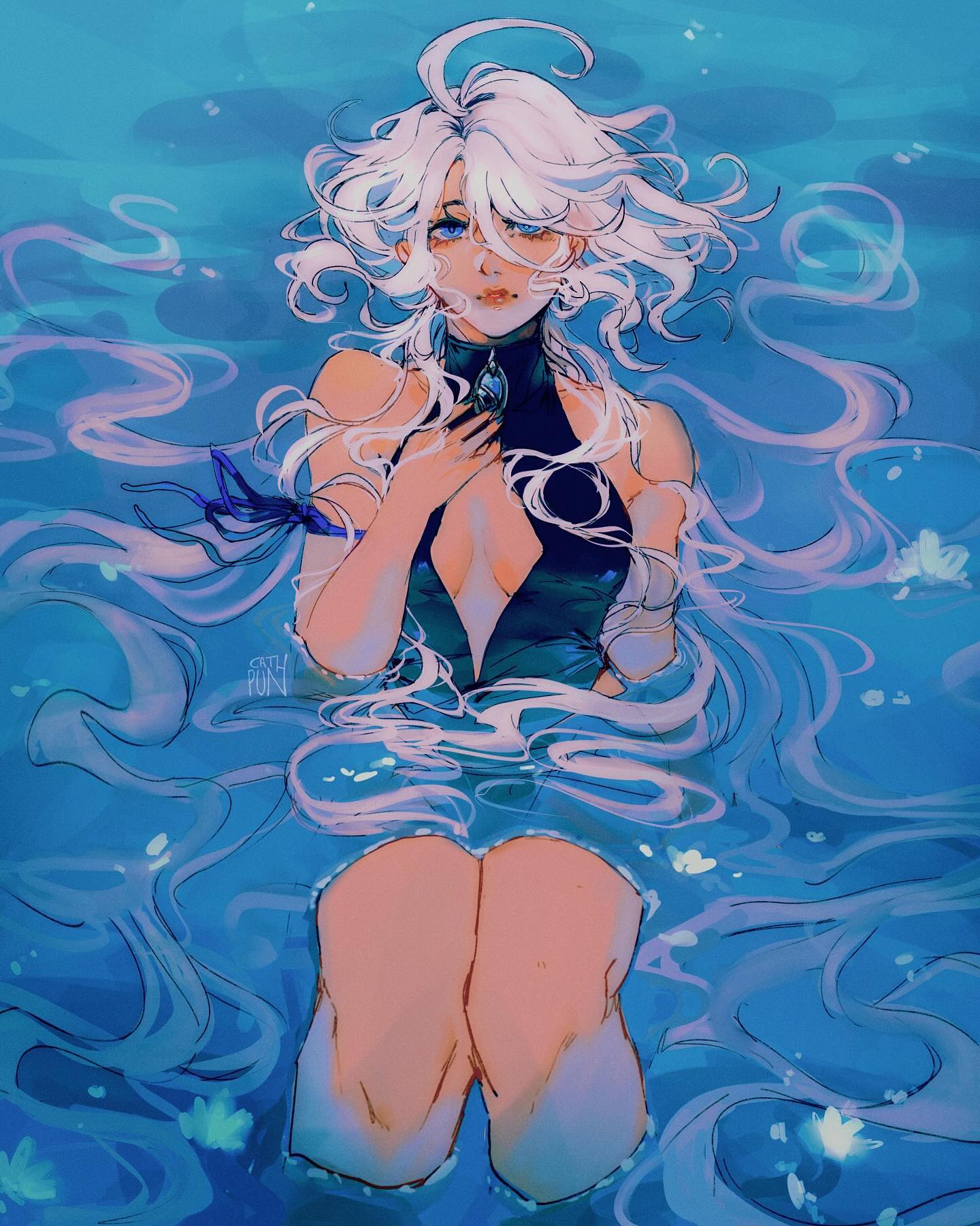 the image is a digital painting or illustration depicting a young woman, styled in an anime or manga aesthetic. she possesses long, flowing white hair that blends with the surrounding water.  she's wearing a dark, elegant dress with a plunging neckline, and her hands are clasped gently over her chest. the woman is partially submerged in clear, blue water, which appears calm and tranquil.  the overall style is dreamy and ethereal, with soft colors and flowing lines emphasizing a serene and magical atmosphere.  small, lightcolored shapes, possibly flowers or light reflections, are scattered throughout the water. the artist's signature or watermark is subtly visible near her shoulder.
