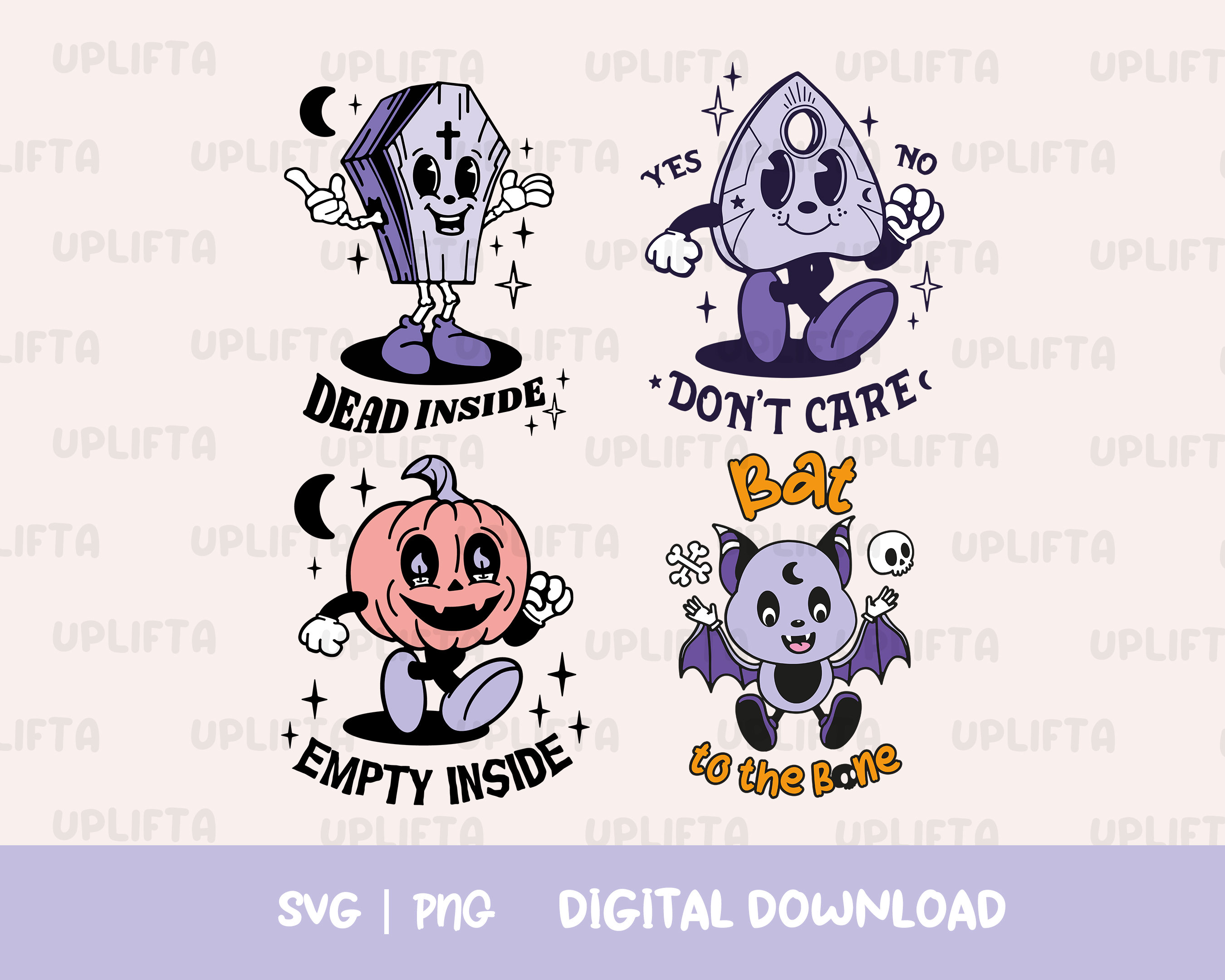 this digital download includes four halloweenthemed illustrations perfect for spooky season. the images feature a cute coffin, a pumpkin, a bat, and an ouija board, each with a funny saying. these clip art images are perfect for crafting, designing, and adding a little halloween flair to your projects.  they are available in svg format for easy use in digital cutting machines and other design software.