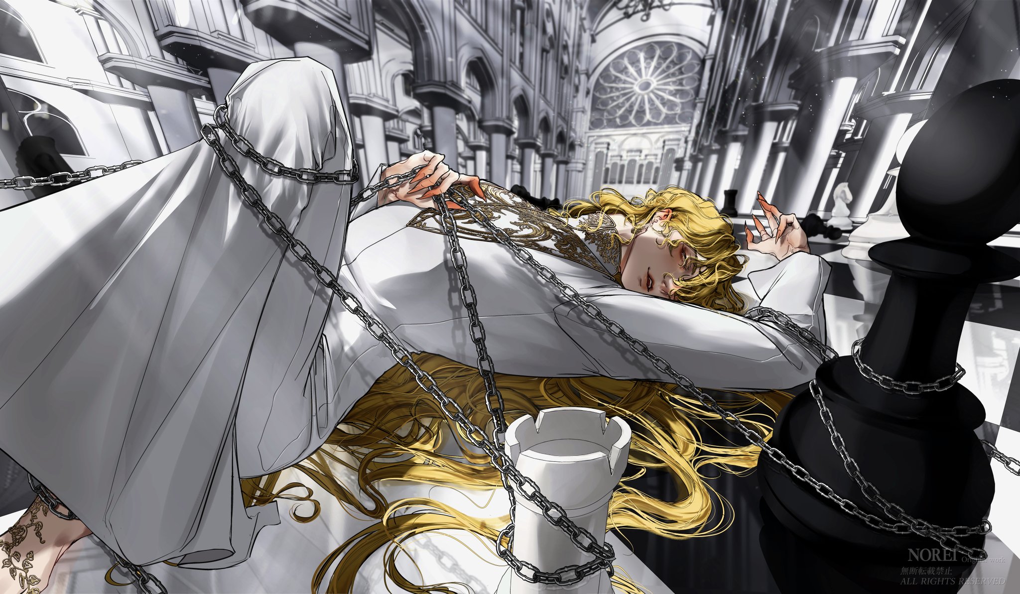 a digital illustration of a blonde animestyle character with a white outfit is bound by chains and lying on a chessboard. the character is looking at the viewer with an expression of sadness or despair.  the setting appears to be a large white space with arches.