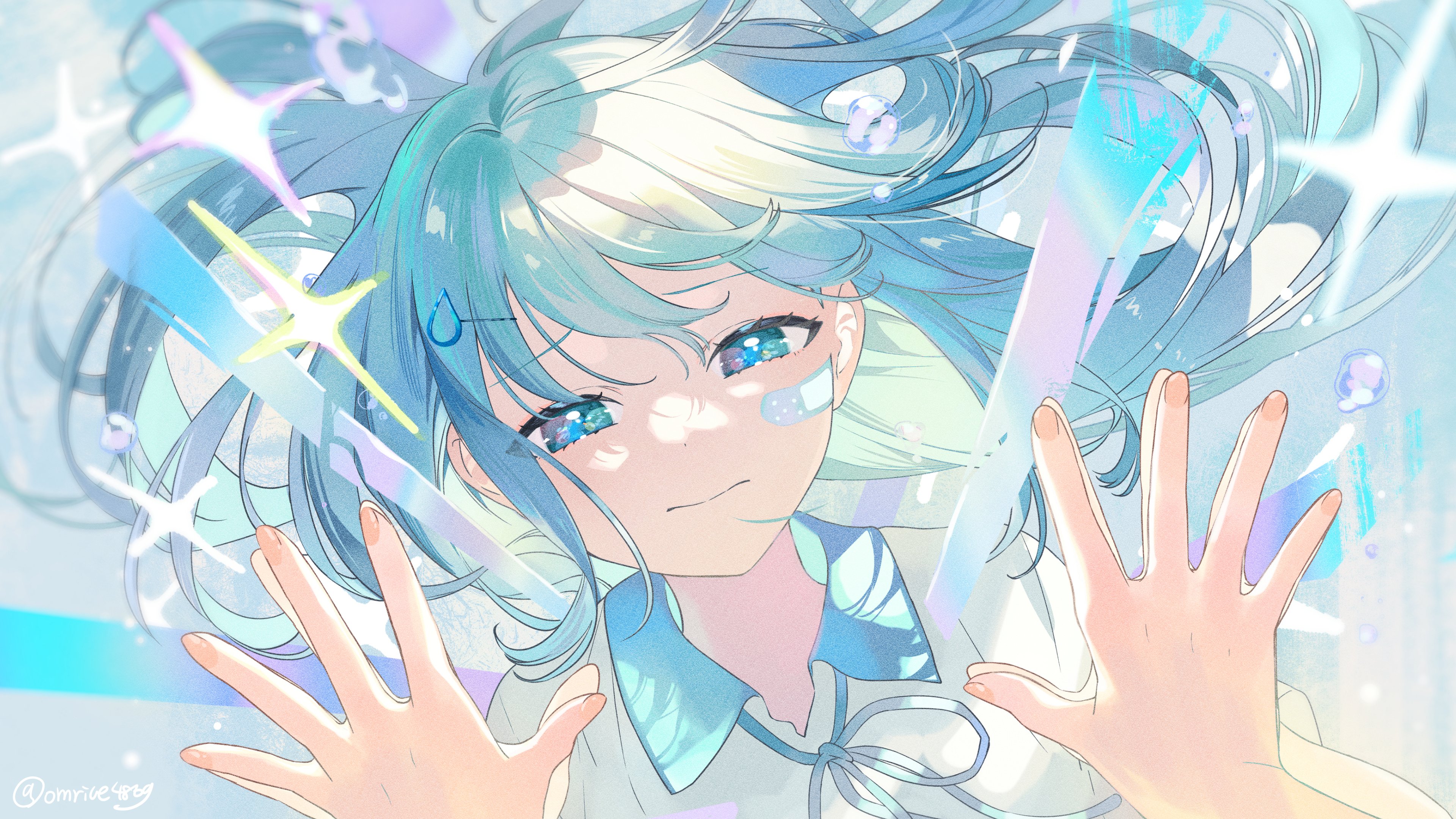 the image is a digital painting of an anime girl with long, flowing blue and white hair.  she has large, expressive blue eyes and a gentle expression.  her skin is pale, and she has a small bandage on her cheek.  she appears to be submerged in or surrounded by a transparent, ethereal substance with bubbles and sparkles. her hands are outstretched, as if reaching towards the viewer or something beyond the visible frame. the overall style is soft, dreamy, and slightly melancholic, with a pastel color palette dominated by blues and whites. the image evokes a sense of fantasy and tranquility.