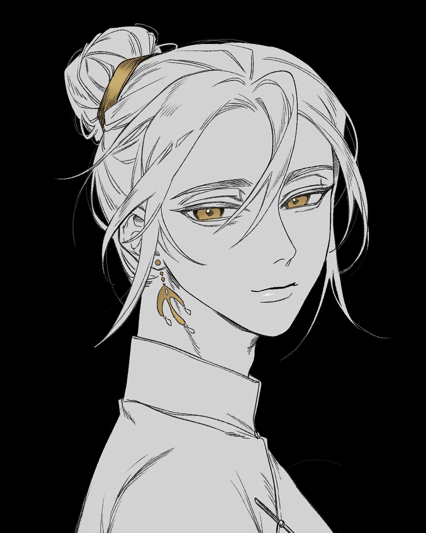 the image is a closeup illustration of a young woman, possibly an anime or manga character.  she has her lightcolored hair styled in a neat bun with a gold band, and wears gold birdshaped earrings. her clothing suggests a traditional or east asianinspired style. the artwork is primarily in grayscale with accents of gold, creating a sophisticated and elegant aesthetic.  her expression is calm and serene. the background is plain black, focusing attention on the detailed drawing of the woman's face and upper body.