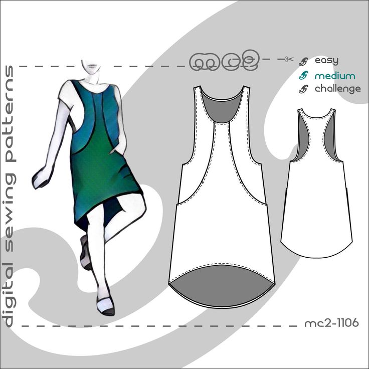 the image shows a digital sewing pattern for a dress. it includes an illustration of the finished dress on a figure, as well as line drawings of different views of the pattern pieces. text on the image indicates that it is a digital sewing pattern and labels the pattern as mc21106. symbols represent the difficulty level of the pattern.