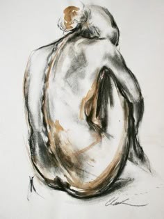 this is a black and white drawing of a woman. she is nude and sitting with her back turned to the viewer. her body is drawn in a very detailed and expressive style. the drawing captures the beauty and grace of the human form. the artist has used charcoal to create a sense of depth and texture, which adds to the overall realism of the piece. the drawing is a beautiful example of artistic skill and creativity.