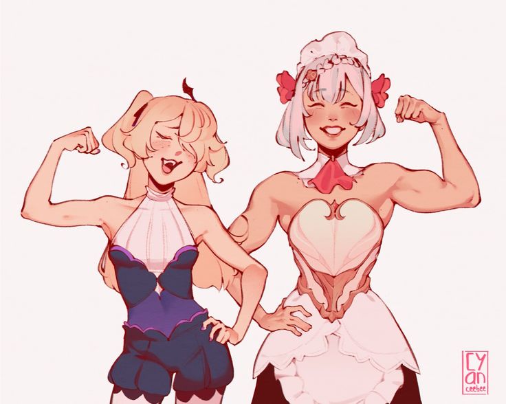 the image is a digital fanart featuring two animestyle girls.  both are smiling and flexing their biceps, showing off their strength. one girl has long blonde hair styled in pigtails and wears a dark purple and white dress.  the other has short, light pink hair adorned with flowerlike decorations and wears a light pink and beige outfit resembling a corset and apron.  the art style is soft, with pastel coloring and a slightly exaggerated, cute aesthetic.  the overall feel is playful and empowering, highlighting the girls' confidence and friendship. the artist's signature, "cyan cebbet," is visible in the bottom right corner.