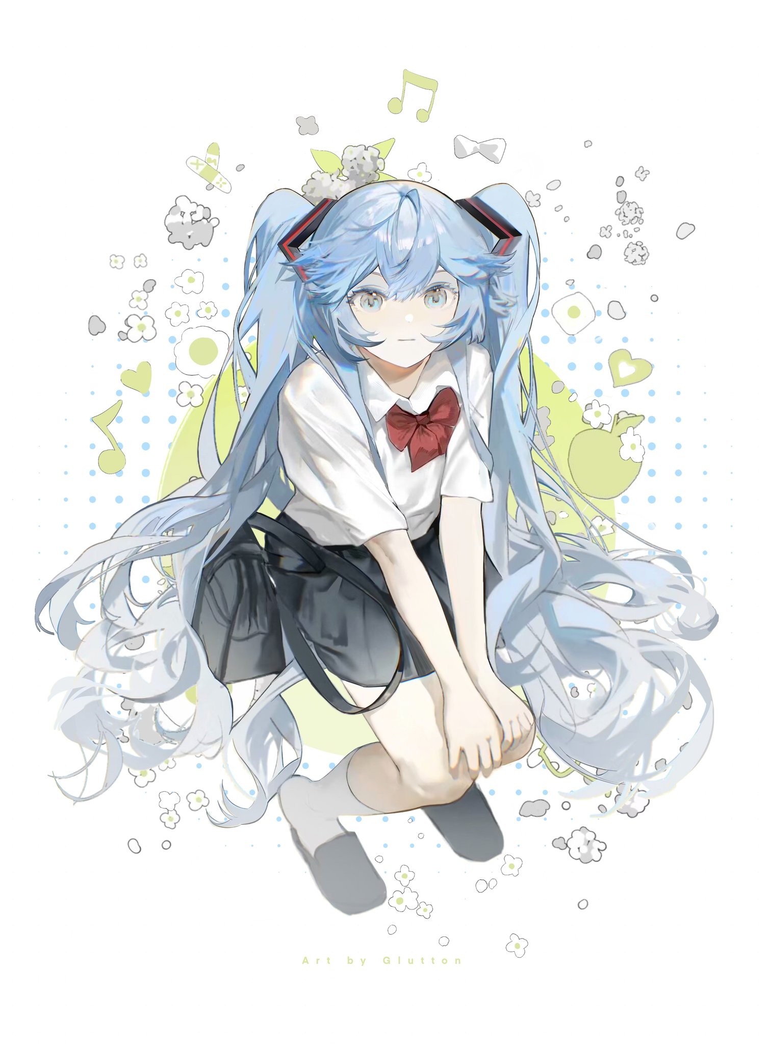 he image is a digital illustration of an anime girl with long, flowing blue twintails. she is wearing a white school shirt with a red bow tie, a dark pleated skirt, white socks and shoes. she is sitting with her knees bent and her hands clasped together.  the background is a soft, pastel color scheme with floating flowers, music notes, hearts, and other whimsical elements. the overall style is soft, cute, and dreamy.  the art style suggests it might be fanart, possibly of hatsune miku.