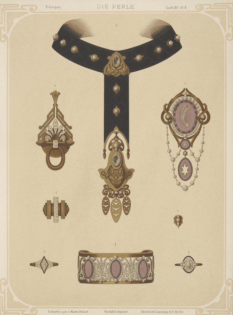 the image is an art nouveau design print showcasing various pieces of jewelry. there is a choker with pearls, several brooches with gemstone accents, a bracelet with a row of pink gems, rings, and pendants, all rendered in a vintage style. the color palette is primarily cream with black, gold, and pink details.