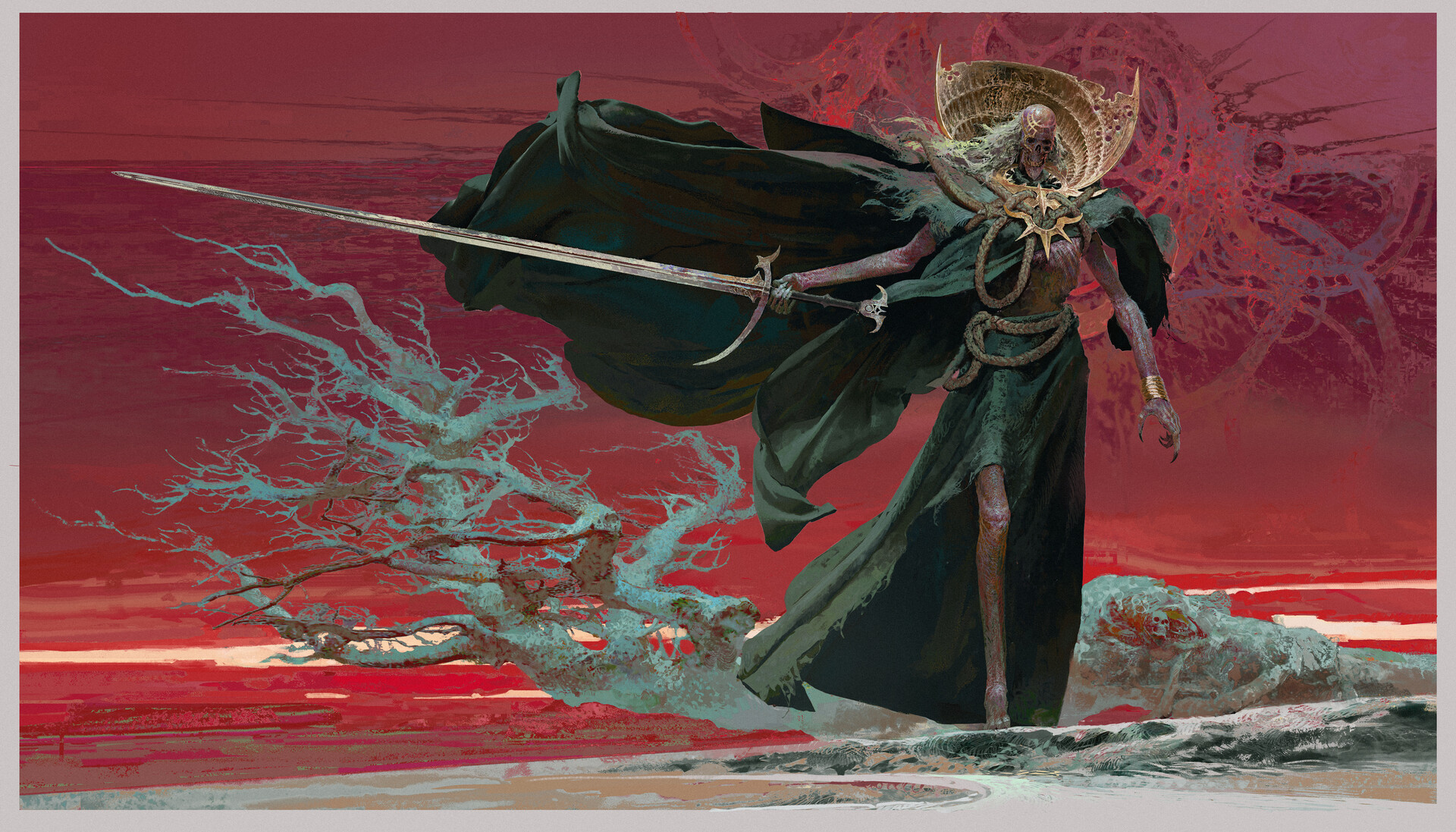 a skeletal undead warrior with a golden crown stands on a desolate landscape, wielding a sword. the figure is draped in a dark cloak and wears a long green garment. a gnarled, leafless tree is to the left. the background is a red sky with what appears to be a magical circle or design. the figure wears a gold bracelet on the right arm and has a rope around the waist.