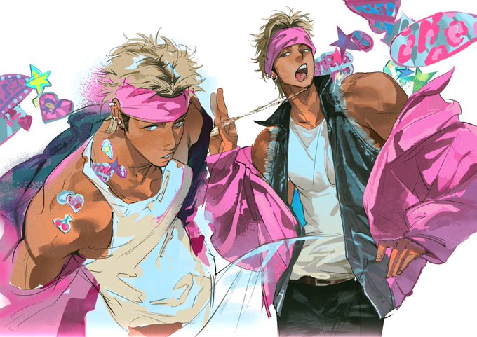 the image shows two anime men in a stylish and colorful outfit. the man on the left is wearing a white tank top, a pink bandana, and a pink jacket. he is also wearing earrings and has tattoos on his arms. the man on the right is wearing a white tank top, a pink bandana, a black leather jacket, and black pants. he is also wearing earrings and has a chain necklace with a cross. the background of the image is white with colorful hearts, stars, and stickers. the image is very detailed and welldrawn. the men are both very attractive and have cool, stylish personalities. the image is a good example of anime art.