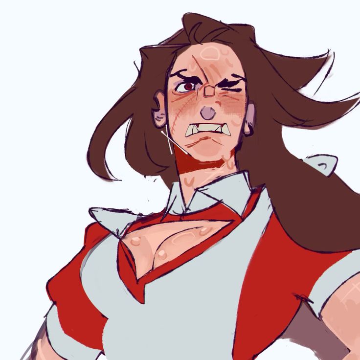 this is an illustration of an anime girl with red eyes and sharp teeth. she has scars and wounds all over her face. she is looking fierce and angry with a sharp expression. the drawing is done in a stylized manner with bright colors and bold lines.