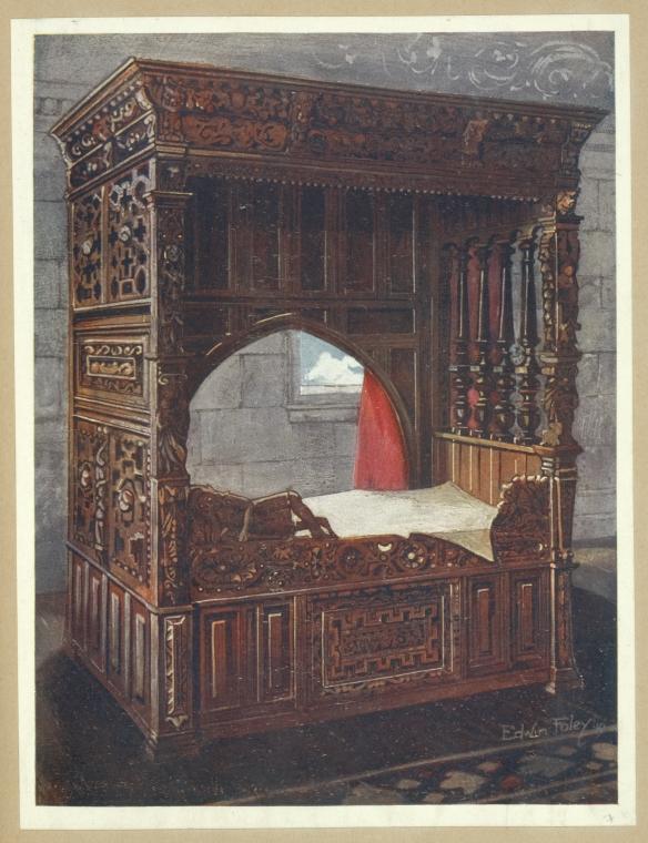 an illustration of an antique canopy bed with intricate wood carving detail. the bed has an arched opening and is partially covered with a red curtain. a window is visible in the background, revealing a cloudy sky. the bed is set on a carpeted floor within a room that appears to be part of a castle or similar historic building. the signature "edelm foley" is visible in the bottom right corner of the image.