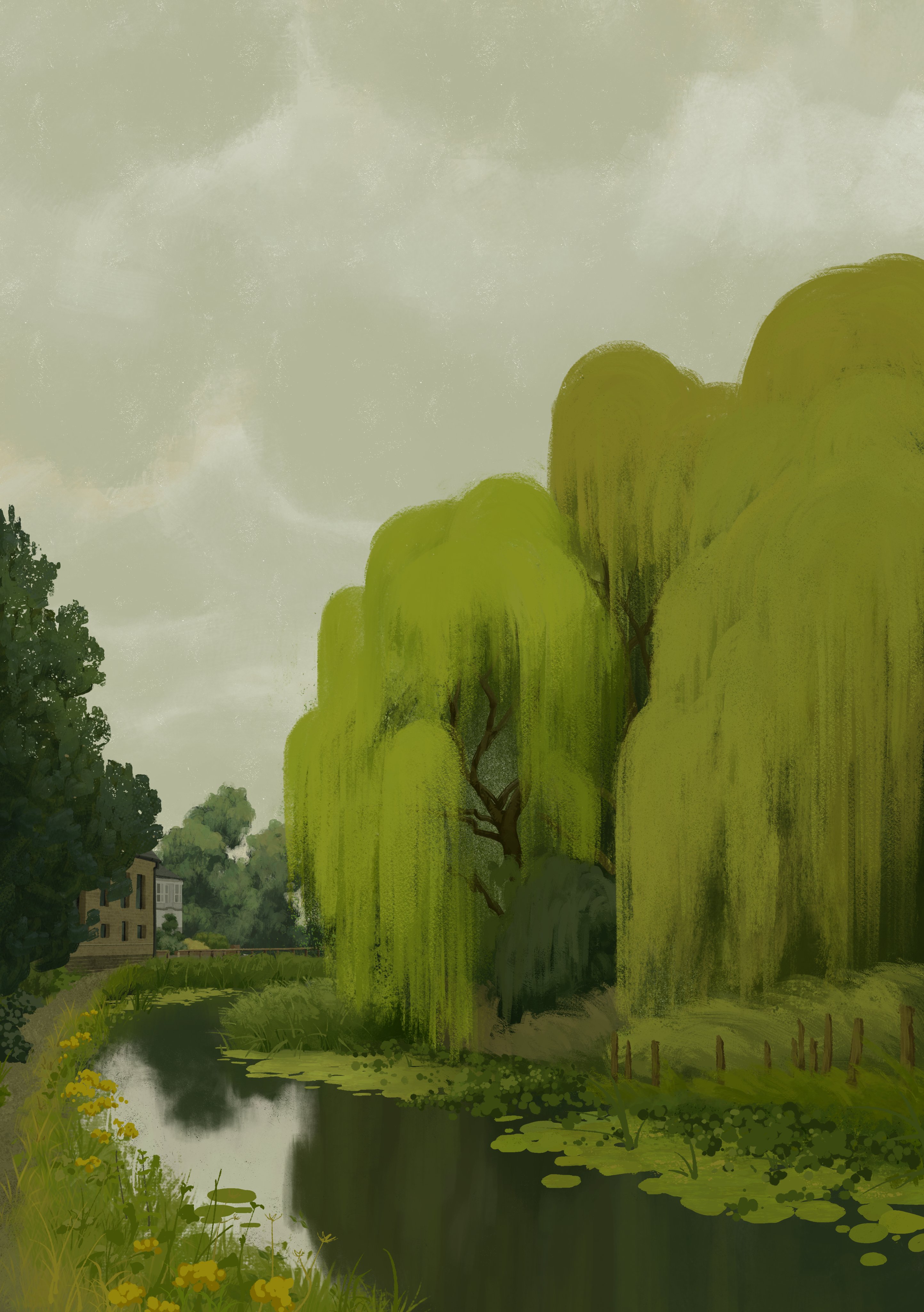 a painted landscape scene depicts a calm river with reflective water, bordered by lush green vegetation. dominating the right side of the scene are several large willow trees with their characteristic weeping branches, while the left side features additional trees and a building partially visible in the background. lily pads float on the water's surface, and yellow flowers dot the grassy bank. the sky is overcast, creating a soft, muted light over the entire scene. a path can be seen following the edge of the river. the overall mood is peaceful and serene.
