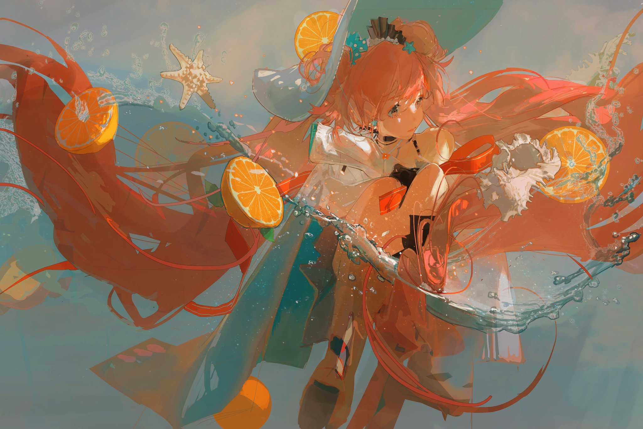 this is a digital illustration of an anime girl with long red hair. the girl is wearing a hat and is in the water. she is surrounded by oranges and a starfish. the image is set in a beachy, summer setting. the artwork is beautifully rendered and the colors are vibrant.  the girl has a cute and playful expression. she appears to be having fun and enjoying the summer day.