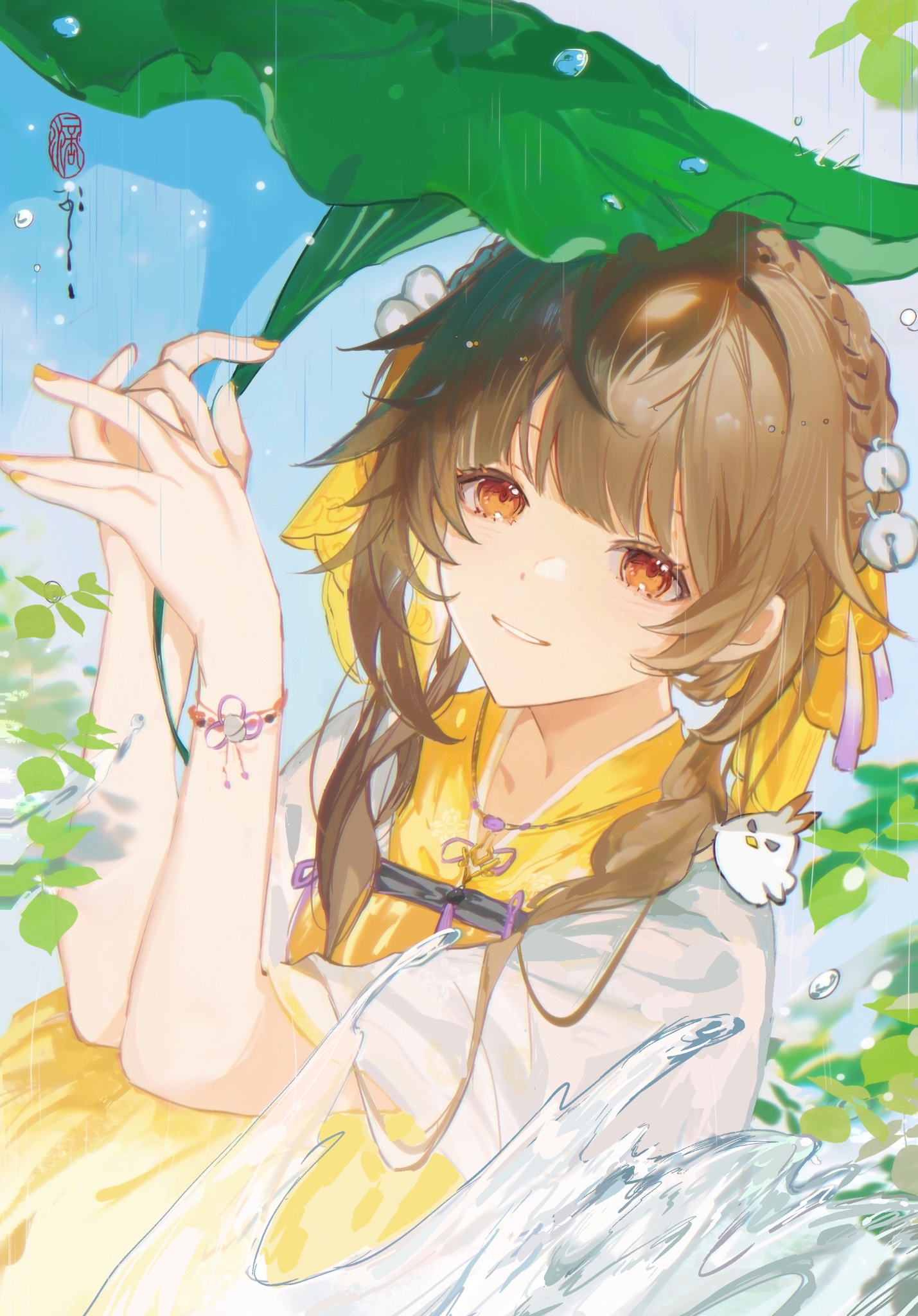 an anime girl with long brown hair tied in two braids with yellow ribbons, wears a yellow dress and a white robe with a white bird pendant. she smiles under a large green leaf umbrella as water drops fall all around her.