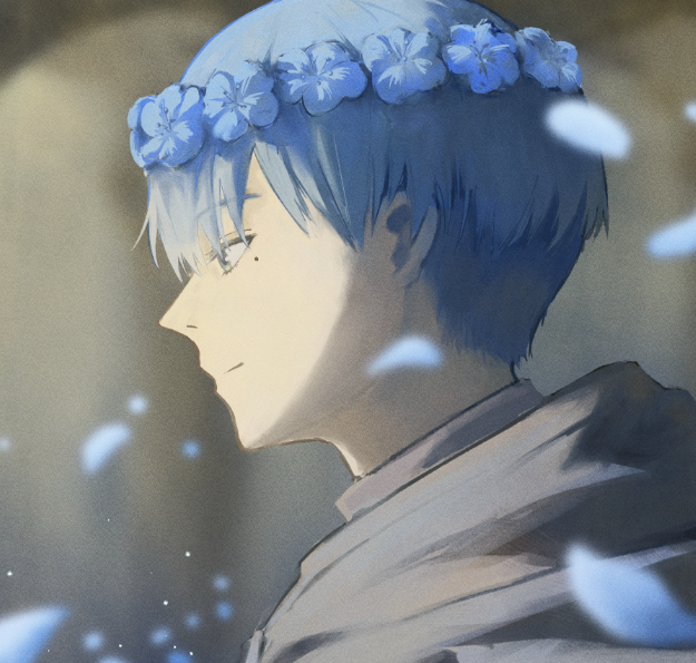 this is a digital art painting of a young anime boy. he is wearing a flower crown made of blue flowers. his hair is also blue and he has a soft expression on his face. the background is a soft, dreamy blur of blue and white.
