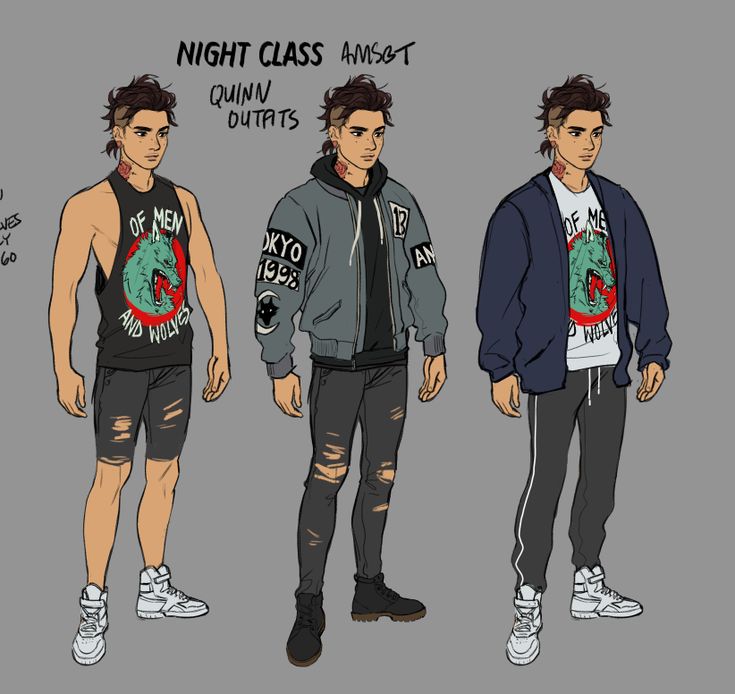 the image showcases three different outfit designs for a male character named quinn, possibly for a project titled "night class amsgt". each design depicts quinn in a different casual streetwear outfit, varying from a sleeveless graphic tee and ripped shorts to a bomber jacket with ripped jeans and a simpler hoodie with sweatpants. the style leans toward anime or mangainspired character design with a focus on clothing details and aesthetic choices. the illustrations are done in a clean line style with shading and clear lines to distinguish features and clothing textures. the overall tone is casual and stylish, highlighting different ways to style quinn's character.