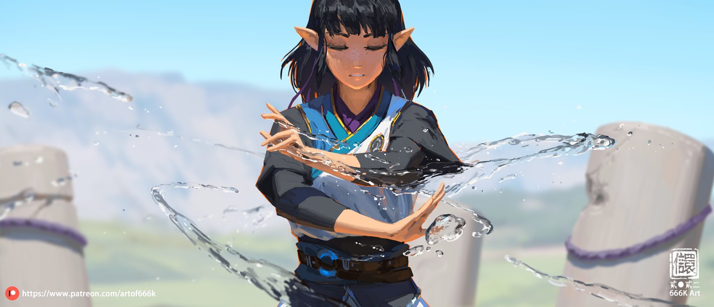 the digital painting showcases a serene female elf, possibly of anime or fantasy inspiration, with dark hair and pointy ears. she is dressed in an elegant outfit with a mix of blue and black, which has a japaneseinspired aesthetic.  the elf is centrally positioned, her eyes closed, and she appears to be calmly manipulating water with her hands. streams of water arc around her, showcasing her abilities. the background features a landscape with simple, stone structures, enhancing the mystical and peaceful atmosphere of the image. the artist's signature or watermark ("666k art") is visible in the bottom right corner. the overall style is highly artistic and detailed, capturing a moment of calm concentration and spiritual power.